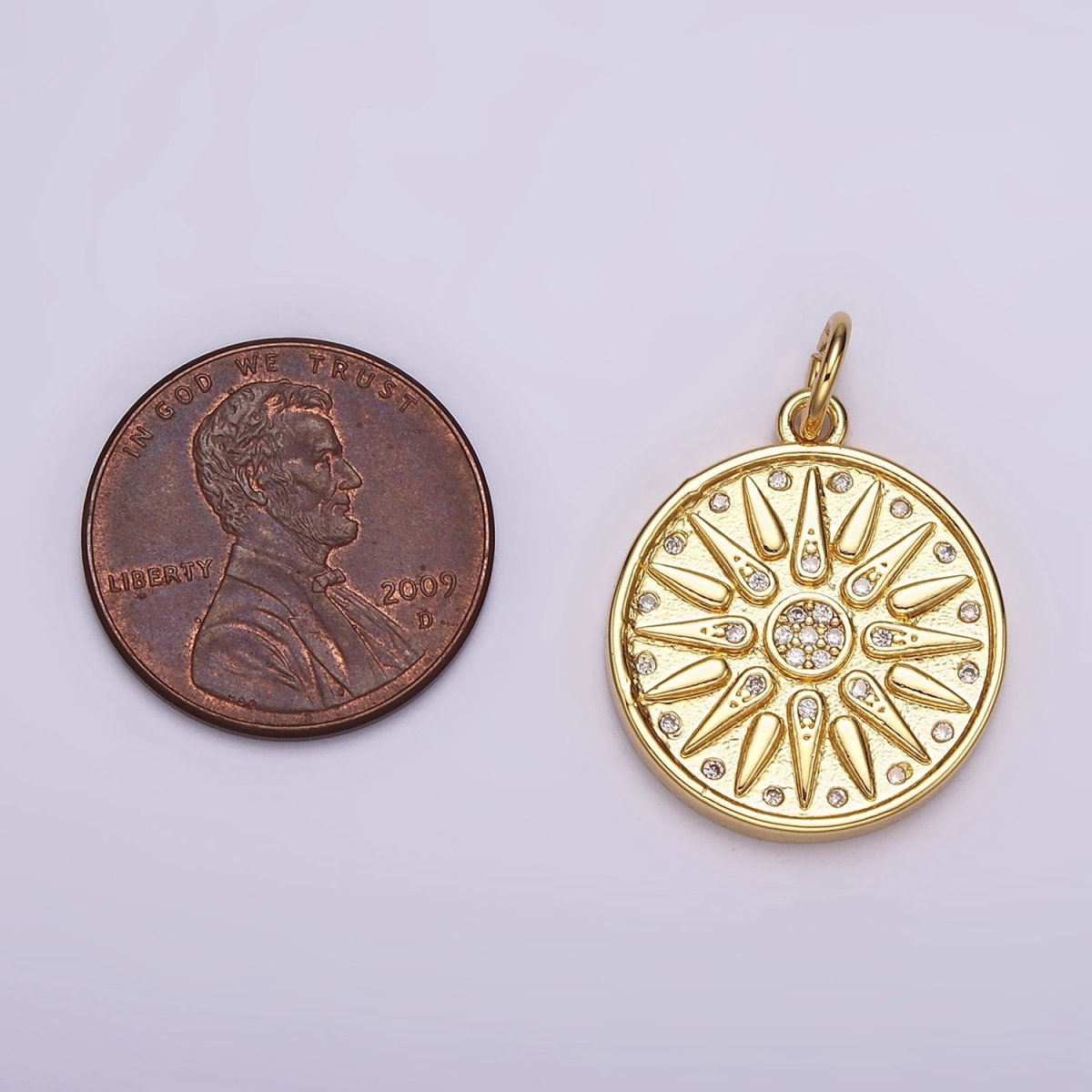 14K Gold Filled Celestial Sun Star Ray CZ Dotted Round Charm | AG583 - DLUXCA