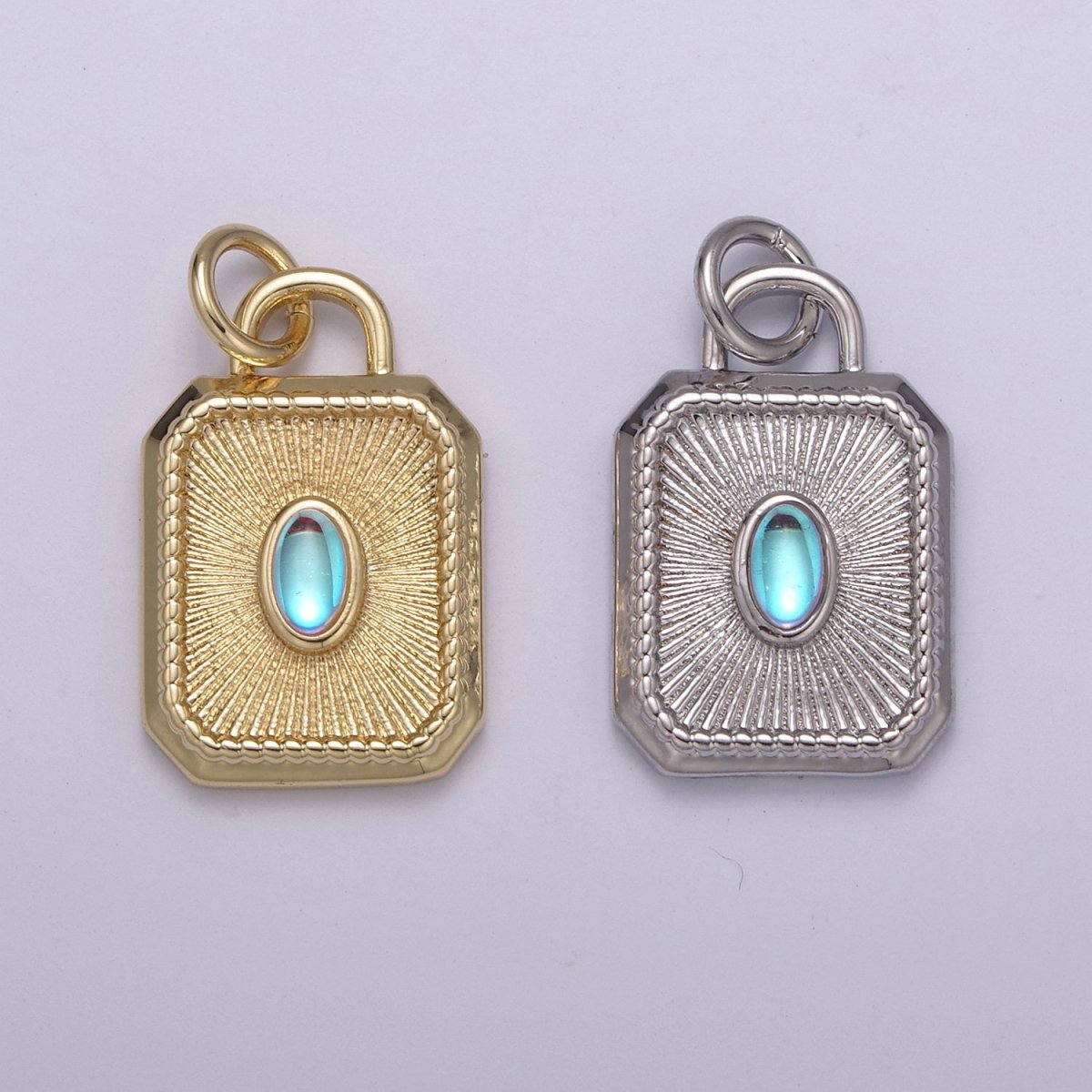 14k Gold filled Charm Geometric Tag Tile rectangle charm w/ Moonstone Medallion pendant, Necklace supply, Jewelry makings N-209 N-210 - DLUXCA