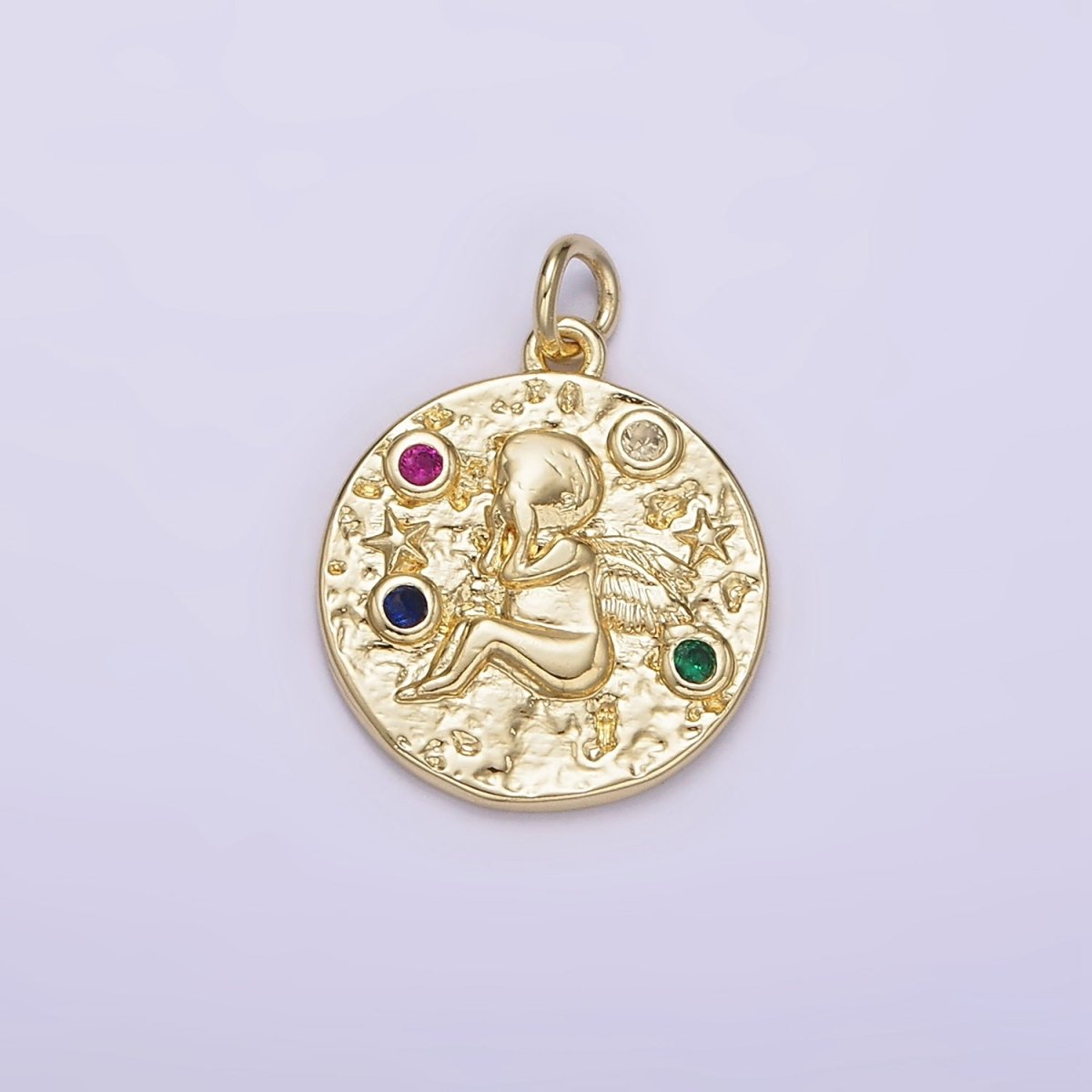 14K Gold Filled Cherub Baby Angel Cupid Multicolor CZ Celestial Star Textured Round Charm | AG186 - DLUXCA