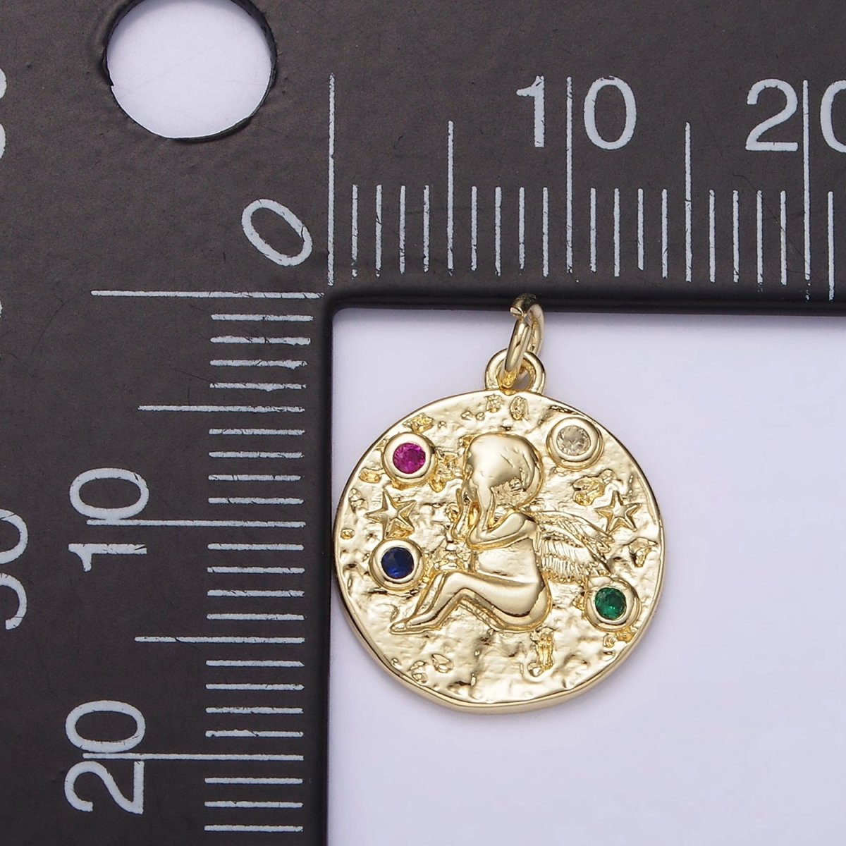 14K Gold Filled Cherub Baby Angel Cupid Multicolor CZ Celestial Star Textured Round Charm | AG186 - DLUXCA