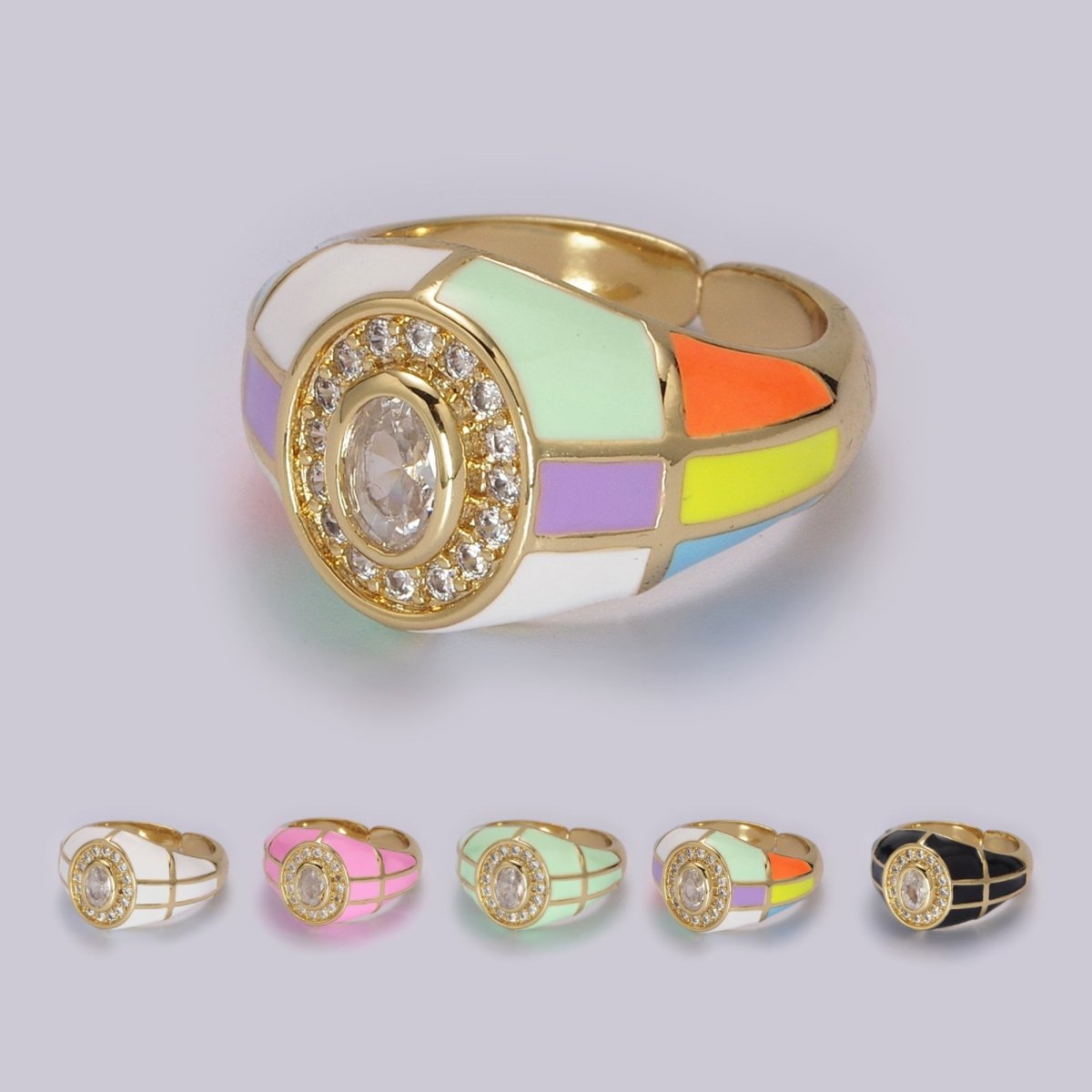 14K Gold Filled Chunky Colorful Ring • Dome Cocktail Ring • ENAMEL Pink Green Black White Ring U-137 ~ U-141 - DLUXCA