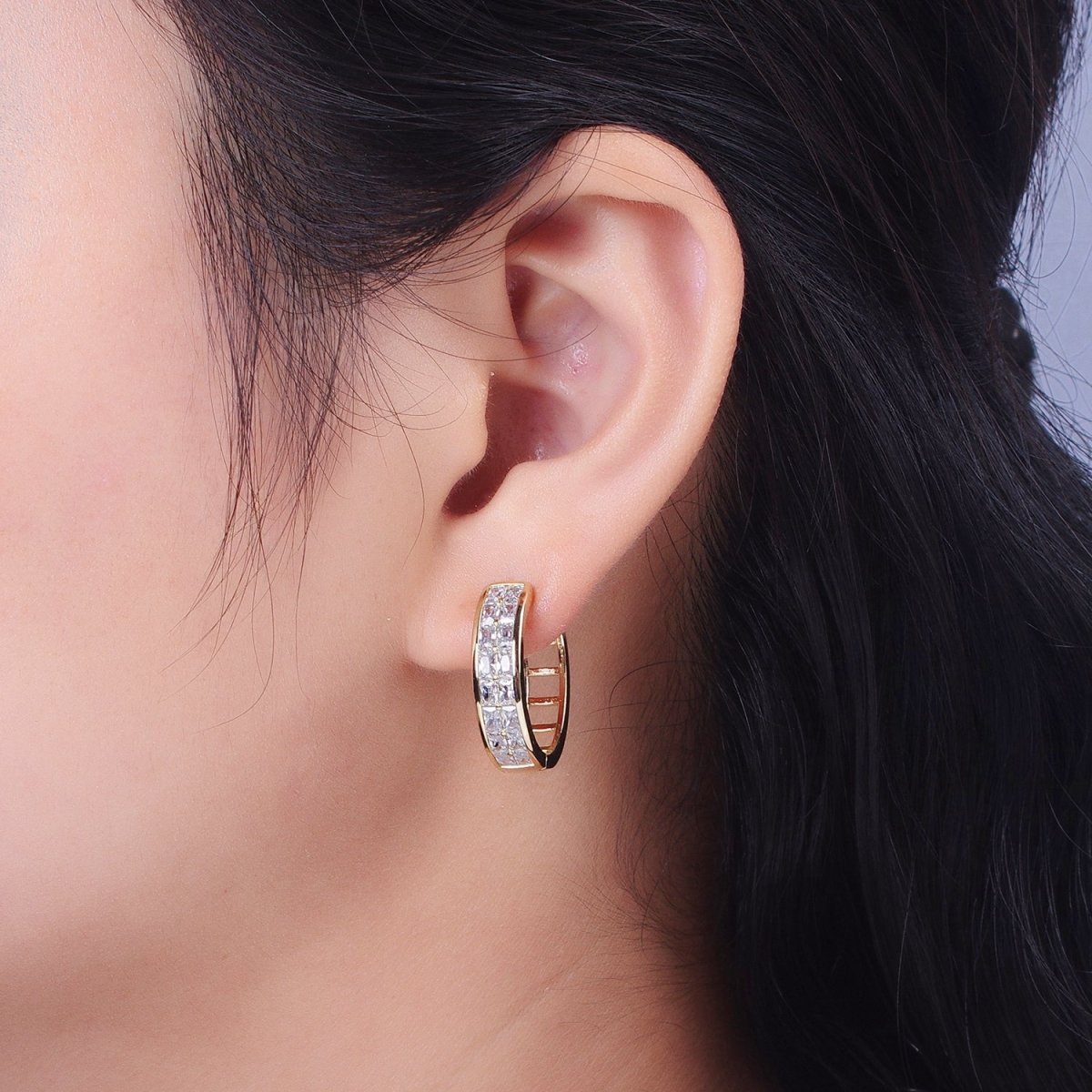 14K Gold Filled Clear Baguette Lined 22mm, 15mm Huggie Hoop Earrings | V-023 V-028 - DLUXCA