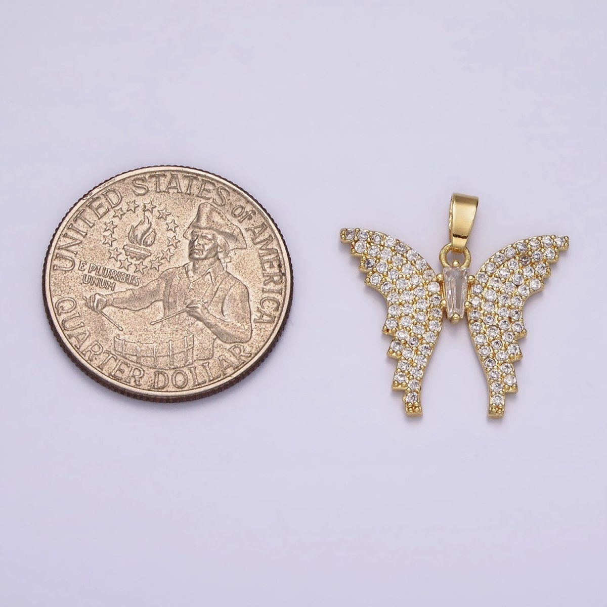 14K Gold Filled Clear Baguette Micro Paved CZ Animal Butterfly Wings Pendant | N1820 - DLUXCA