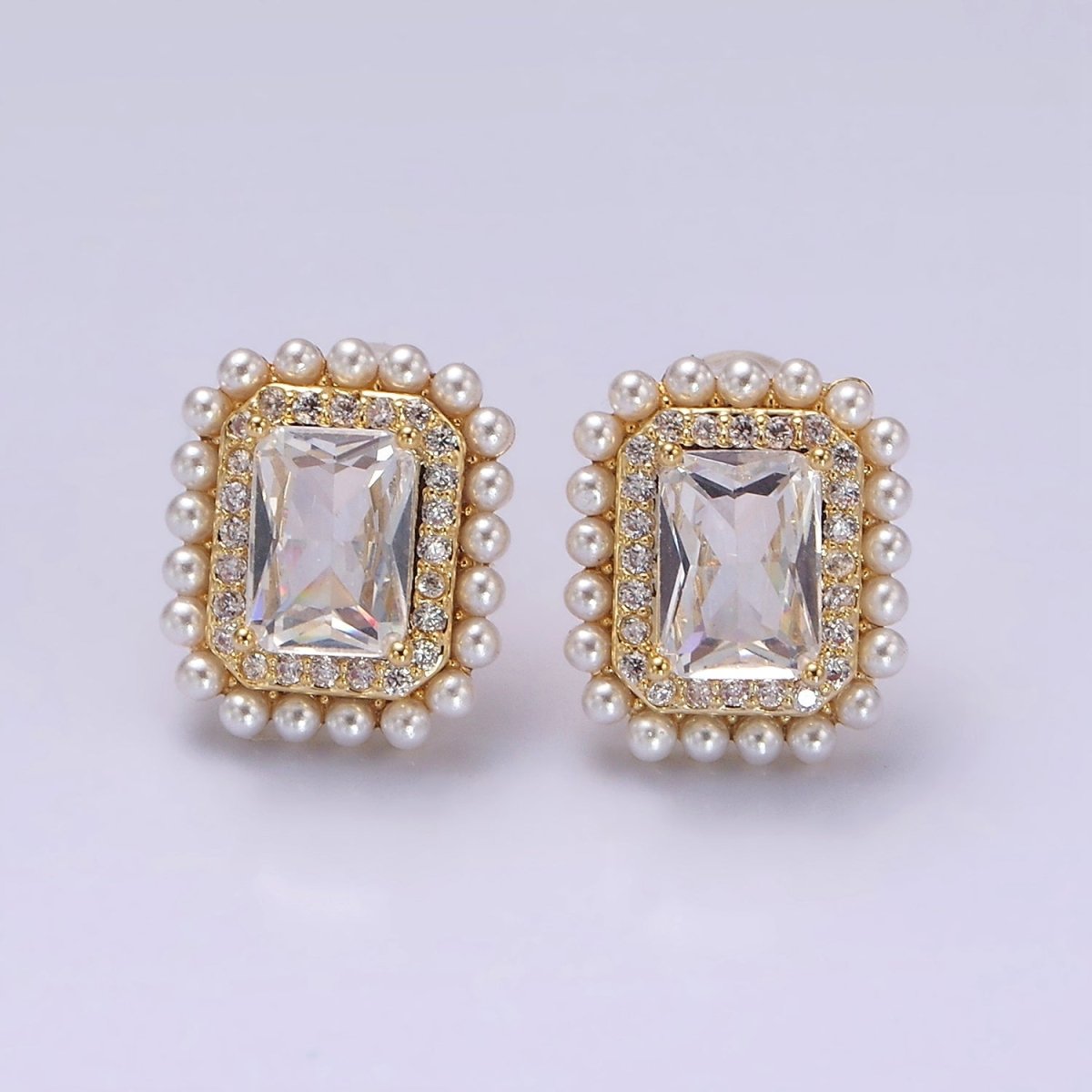 14K Gold Filled Clear Baguette Micro Paved CZ Pearl Lined Stud Earrings | V282 - DLUXCA