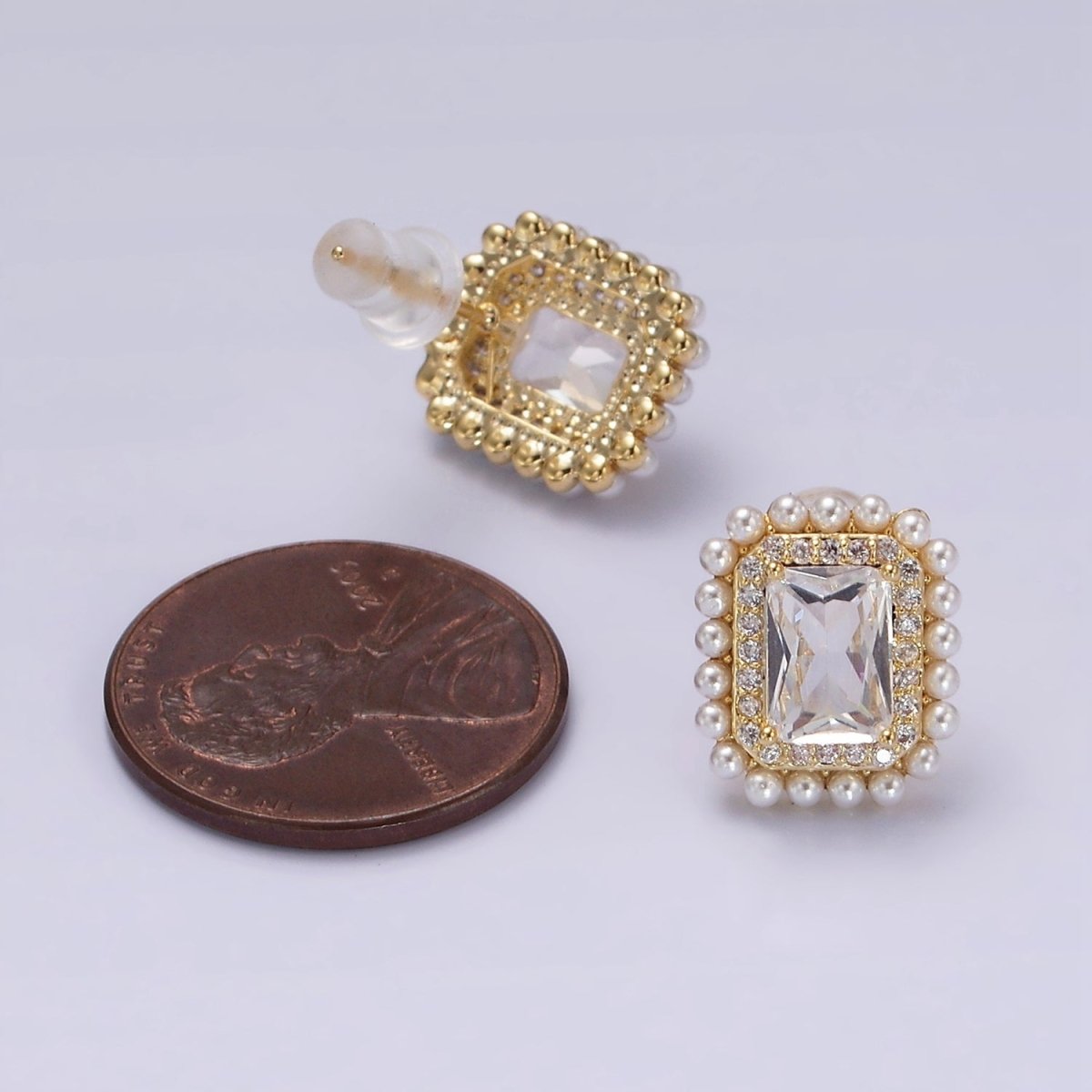 14K Gold Filled Clear Baguette Micro Paved CZ Pearl Lined Stud Earrings | V282 - DLUXCA