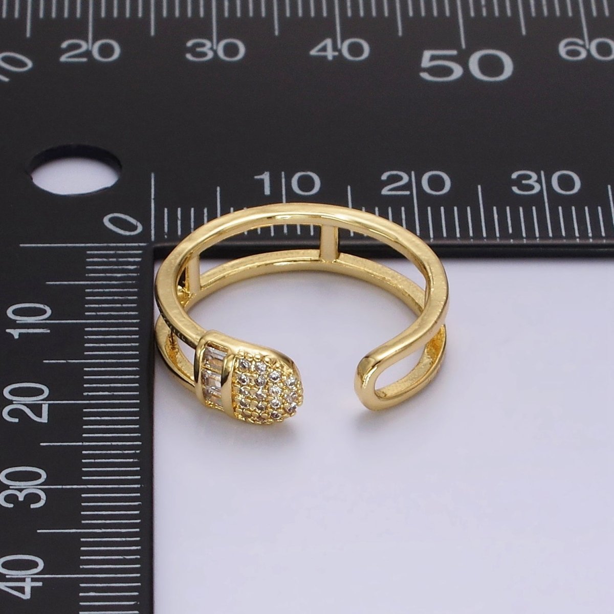 14K Gold Filled Clear Baguette Micro Paved CZ Rounded Wrap Open Double Band Ring | O1165 - DLUXCA