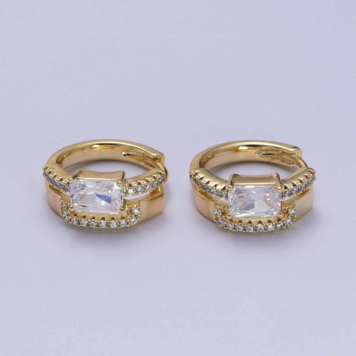 14K Gold Filled Clear Baguette Micro Paved Double Band Huggie Earrings | V-026 - DLUXCA