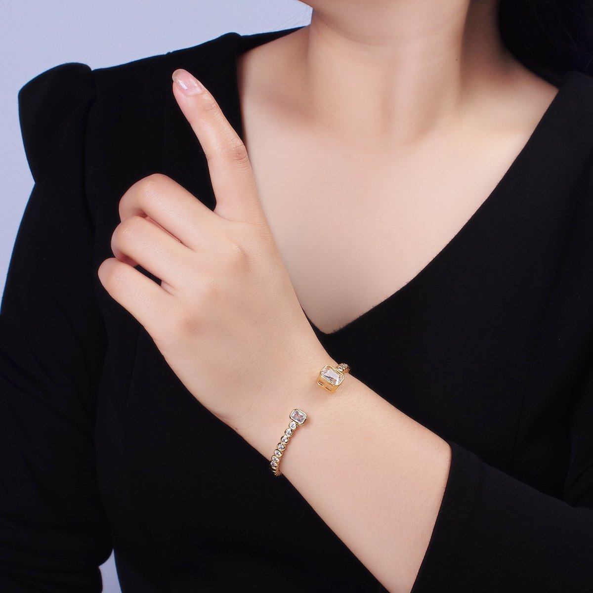 14K Gold Filled Clear Baguette Round CZ Lined Cuff Bracelet in Silver & Gold | WA-2093 WA-2094 Clearance Pricing - DLUXCA