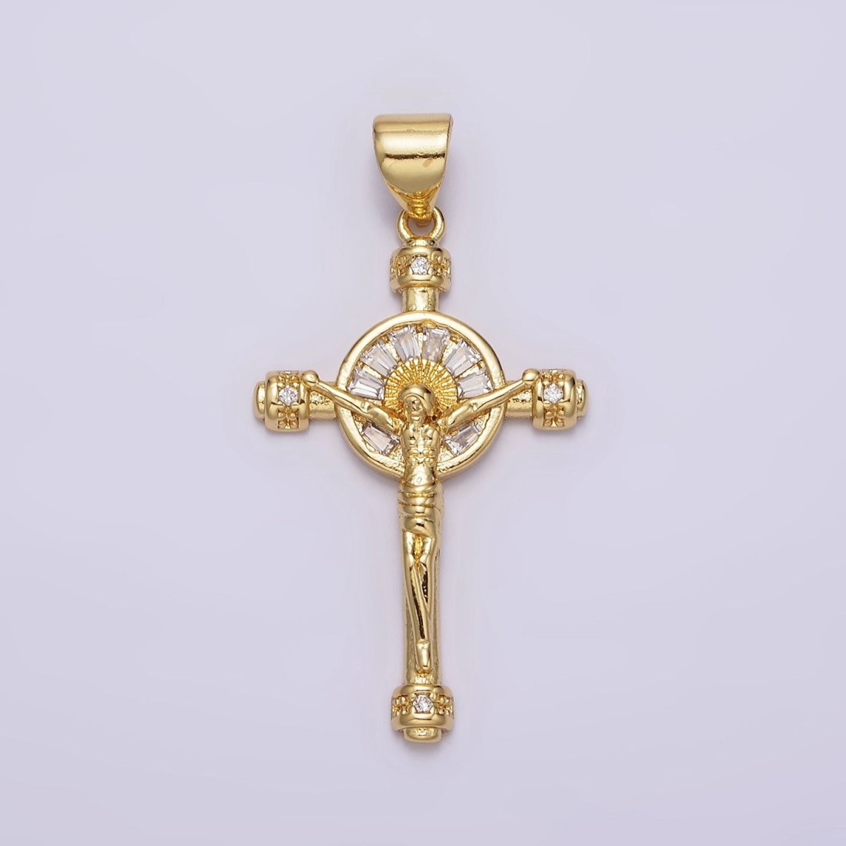 14K Gold Filled Clear Baguette Sun Ray Round Crucifix Cross Pendant | AA611 - DLUXCA