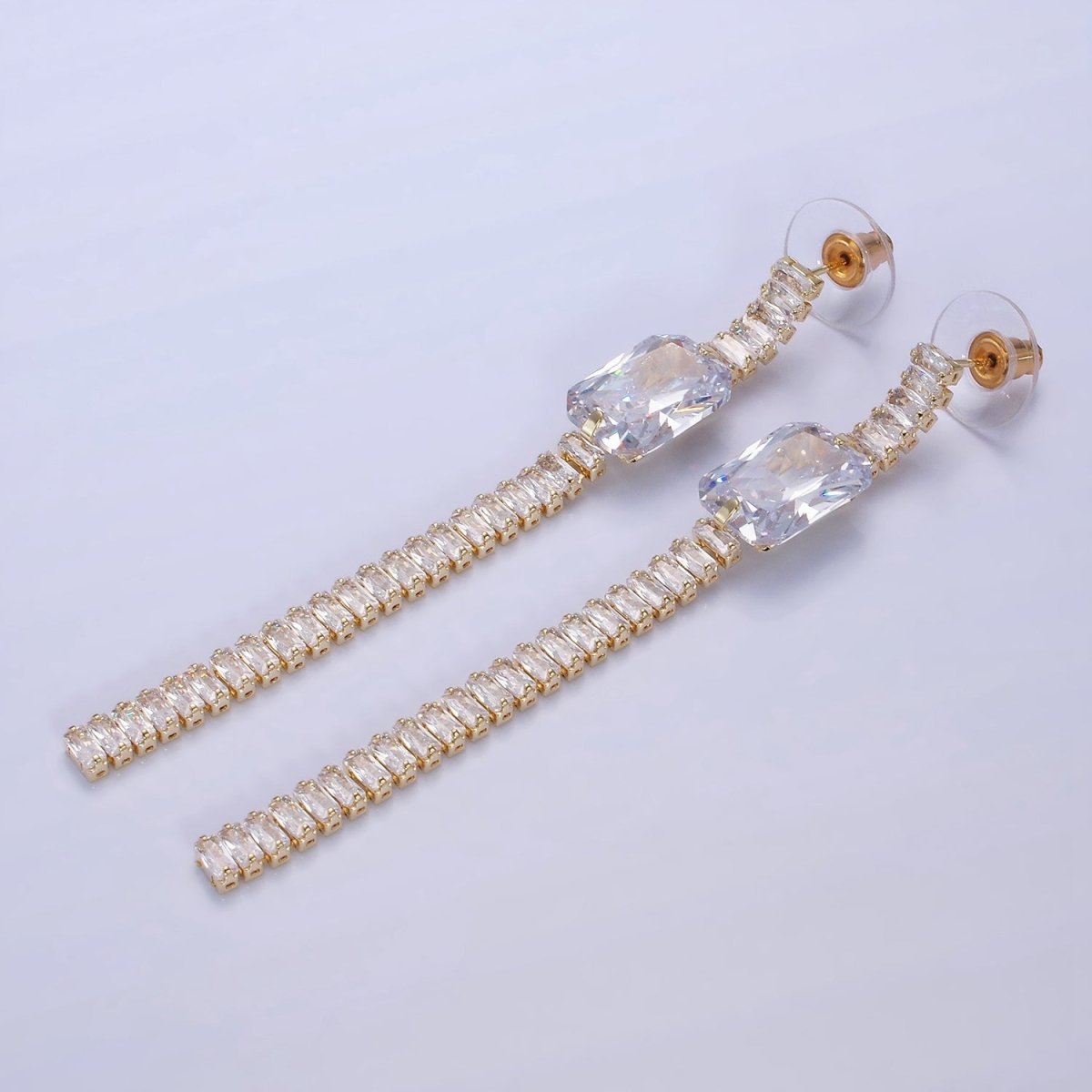 14K Gold Filled Clear Baguette Tennis Chain Drop Stud Earrings in Gold & Silver | AE509 AE510 - DLUXCA