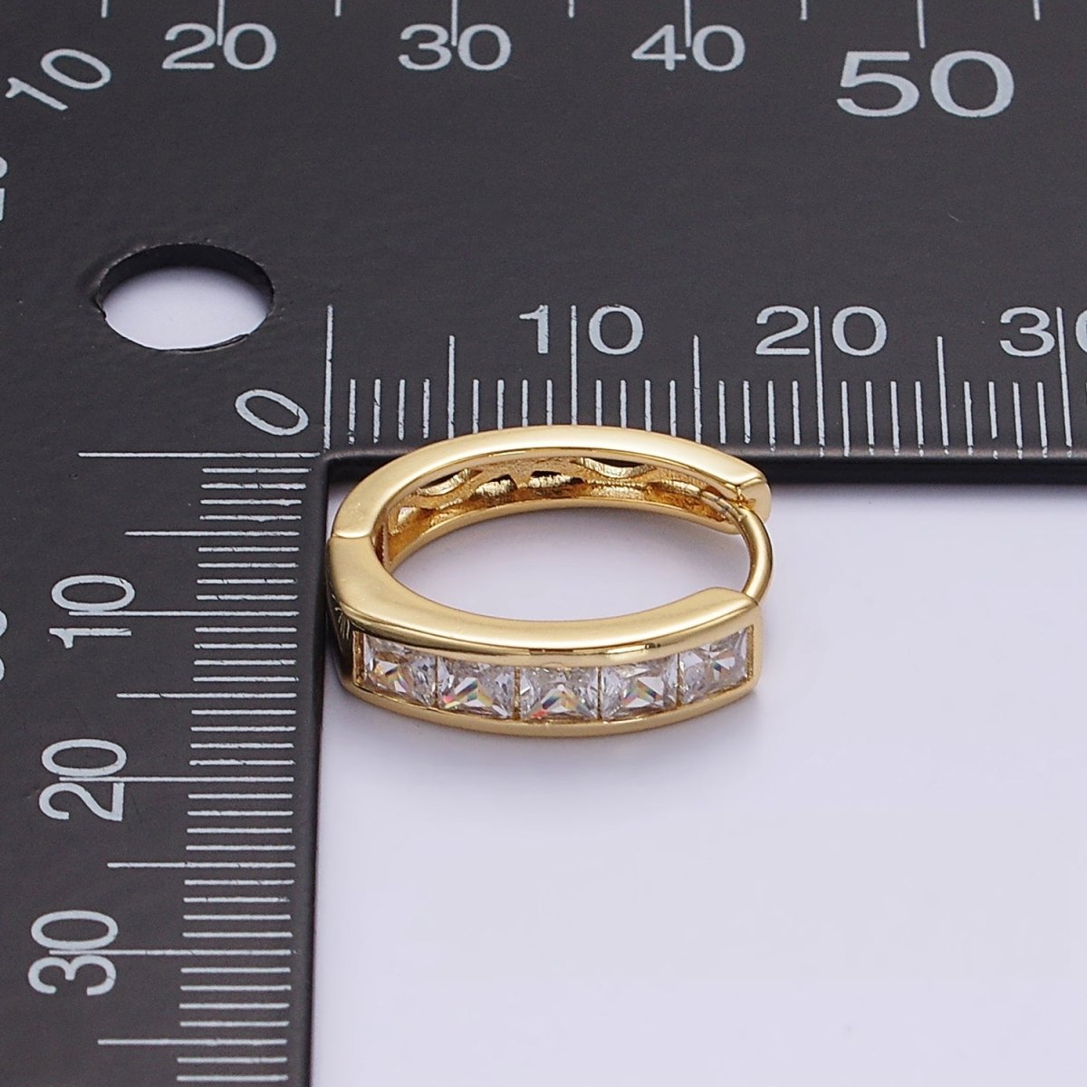 14K Gold Filled Clear, Black Square Baguette CZ Lined Oval Huggie | AE630 AE631 - DLUXCA