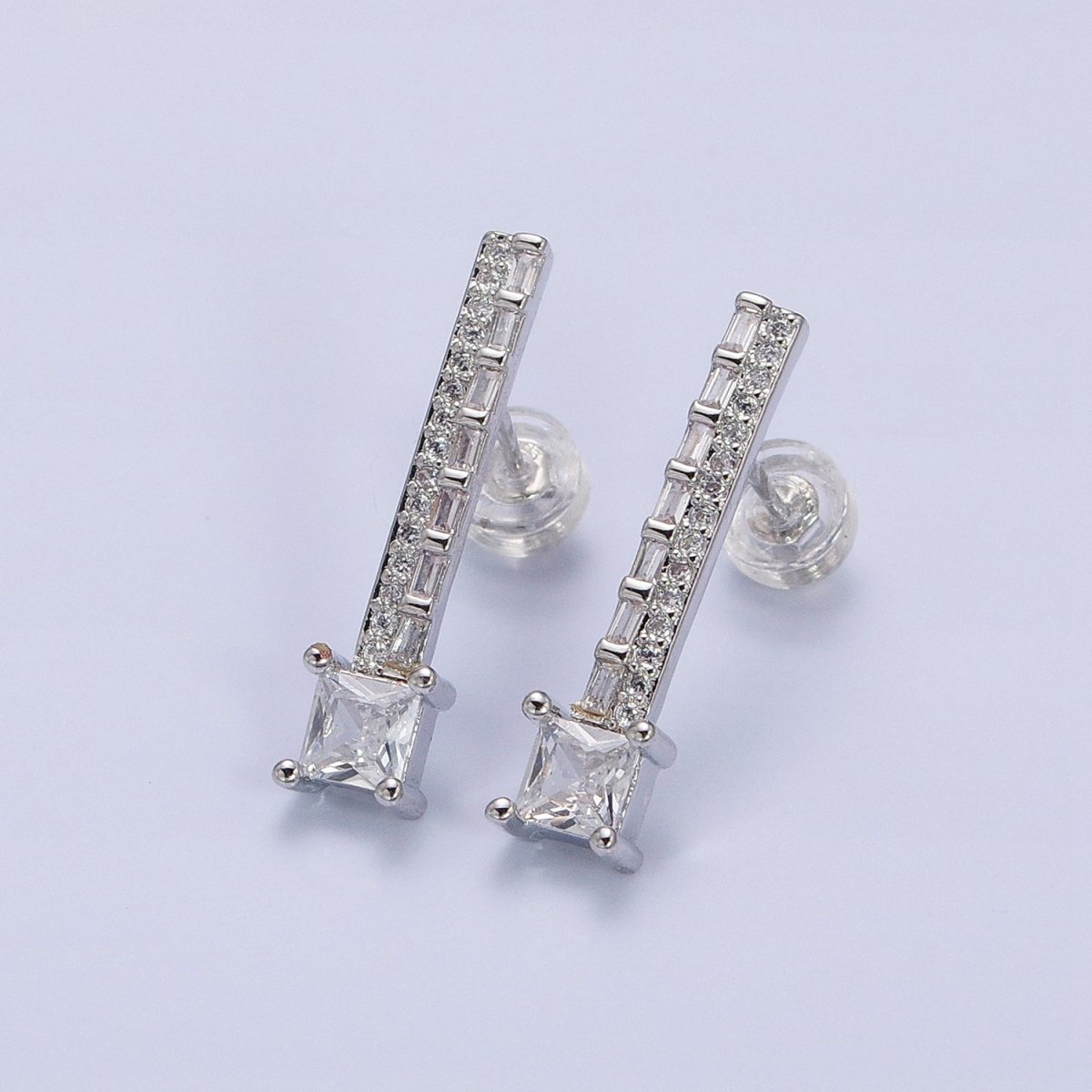 14K Gold Filled Clear, Blue Multicolor Baguette Micro Paved Square CZ Linear Drop Stud Earrings in Gold & Silver | AB1519 - AB1522 - DLUXCA