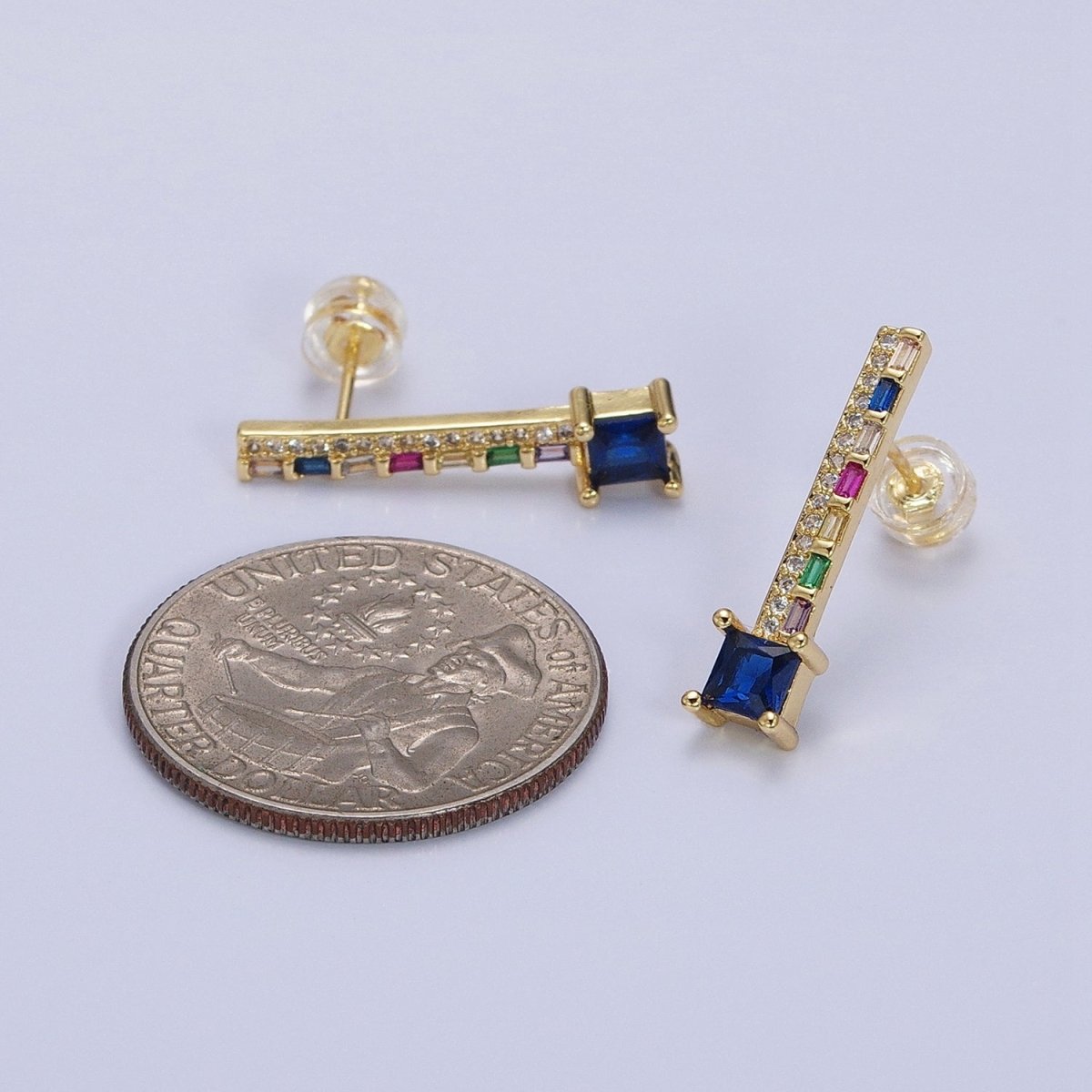 14K Gold Filled Clear, Blue Multicolor Baguette Micro Paved Square CZ Linear Drop Stud Earrings in Gold & Silver | AB1519 - AB1522 - DLUXCA