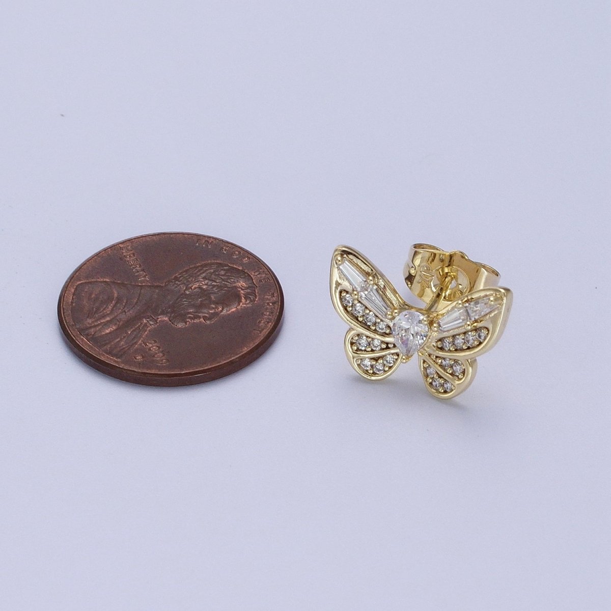 14K Gold Filled Clear Butterfly Mariposa Baguette Micro Paved Stud Earrings | V-014 - DLUXCA