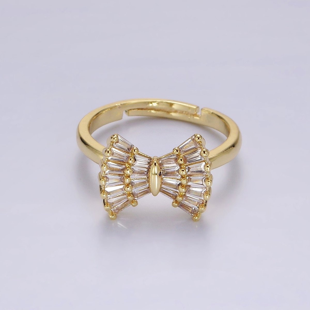 14K Gold Filled Clear CZ Baguette Bow Ribbon Adjustable Ring | O1084 - DLUXCA