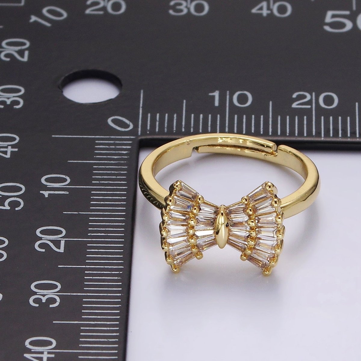14K Gold Filled Clear CZ Baguette Bow Ribbon Adjustable Ring | O1084 - DLUXCA