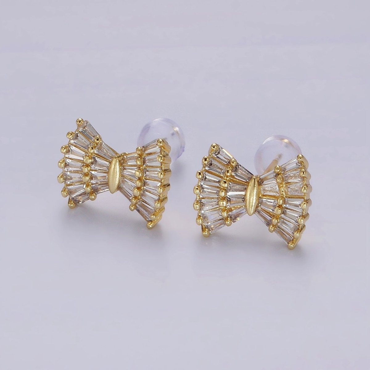 14K Gold Filled Clear CZ Baguette Bow Ribbon Stud Earrings | AE138 - DLUXCA