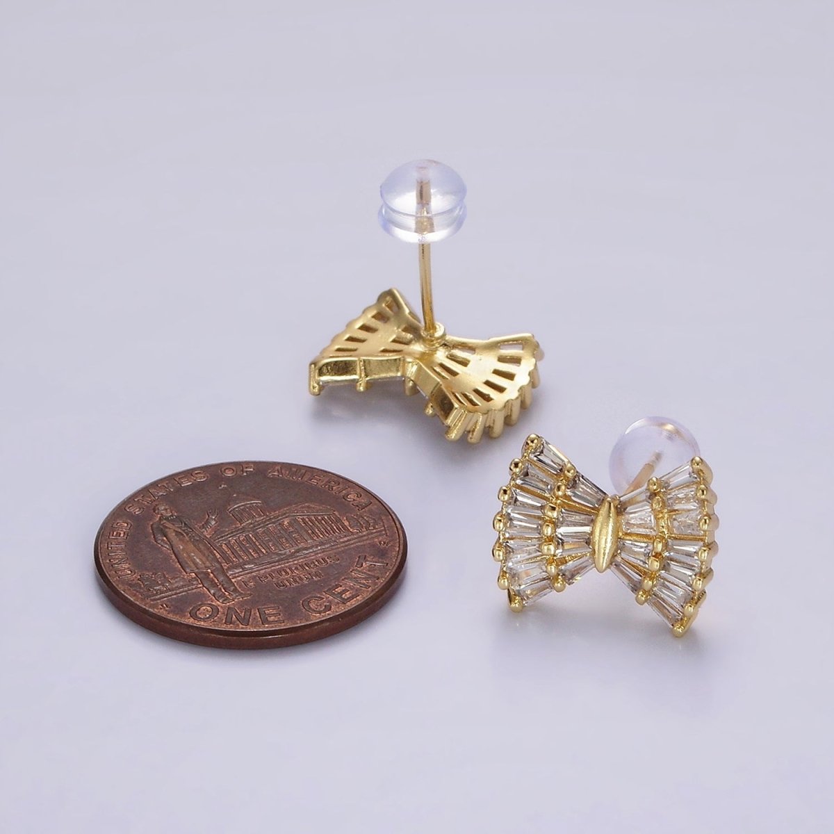 14K Gold Filled Clear CZ Baguette Bow Ribbon Stud Earrings | AE138 - DLUXCA