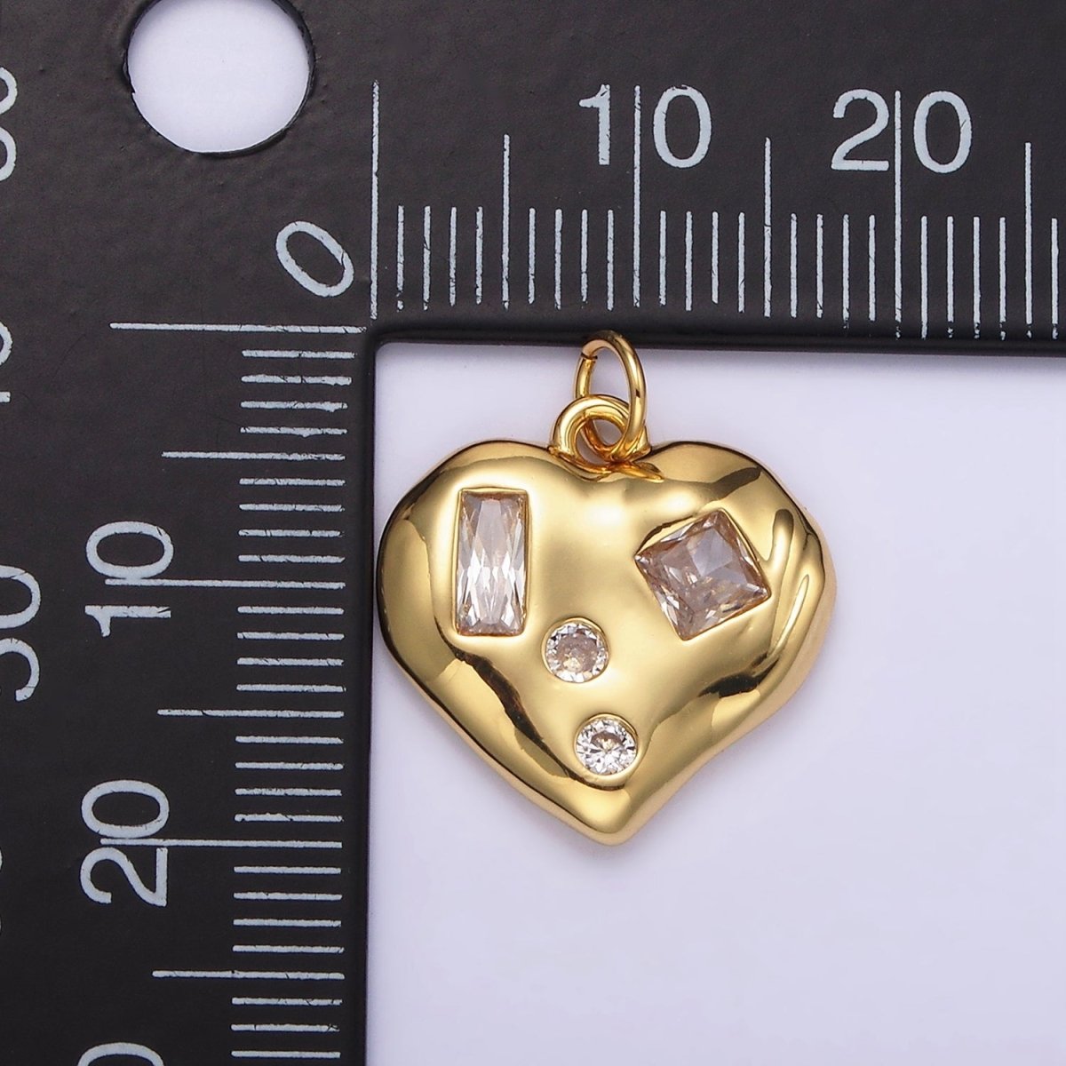 14K Gold Filled Clear CZ Baguette Dotted Molten Heart Charm in Gold & Silver | N1163 N1164 - DLUXCA