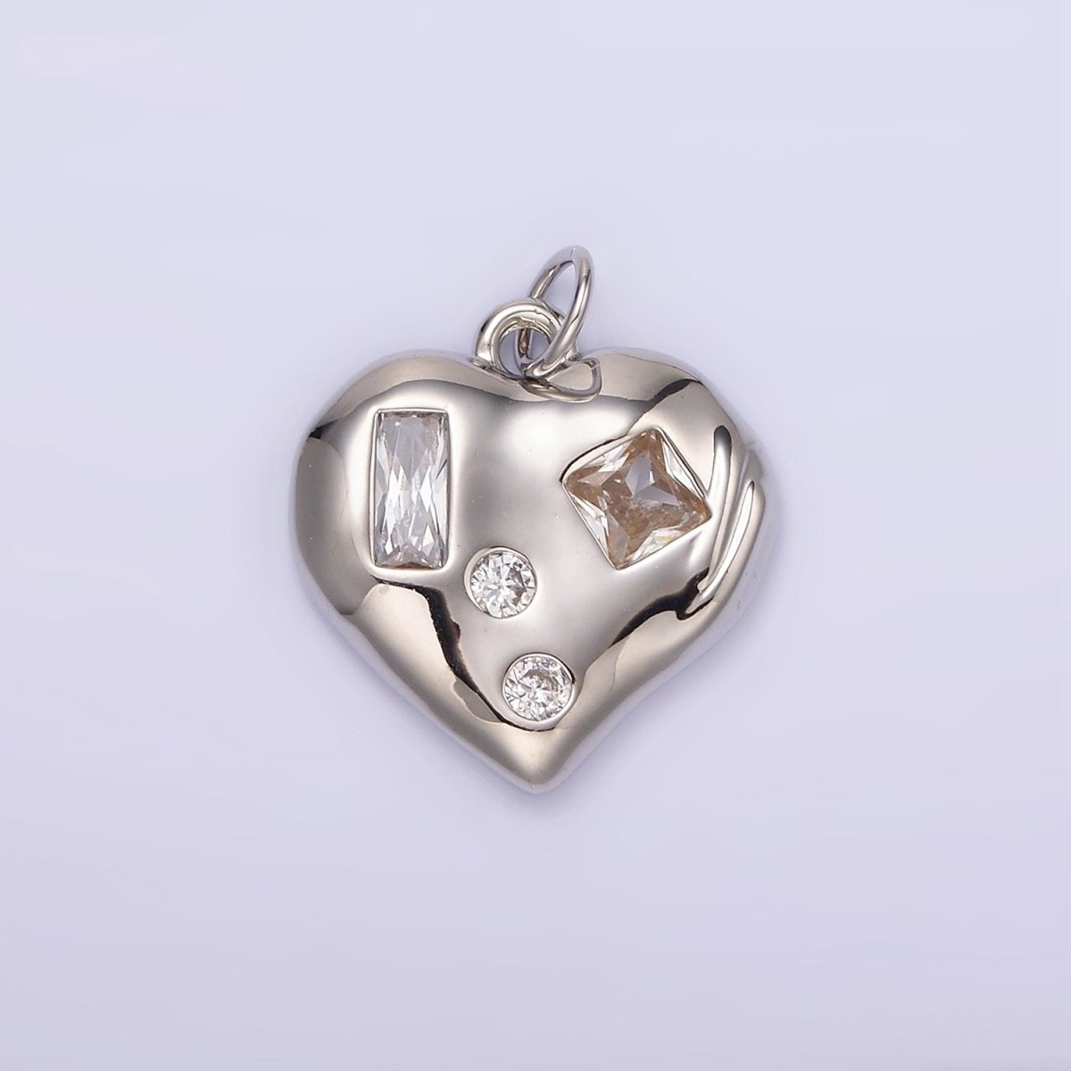 14K Gold Filled Clear CZ Baguette Dotted Molten Heart Charm in Gold & Silver | N1163 N1164 - DLUXCA