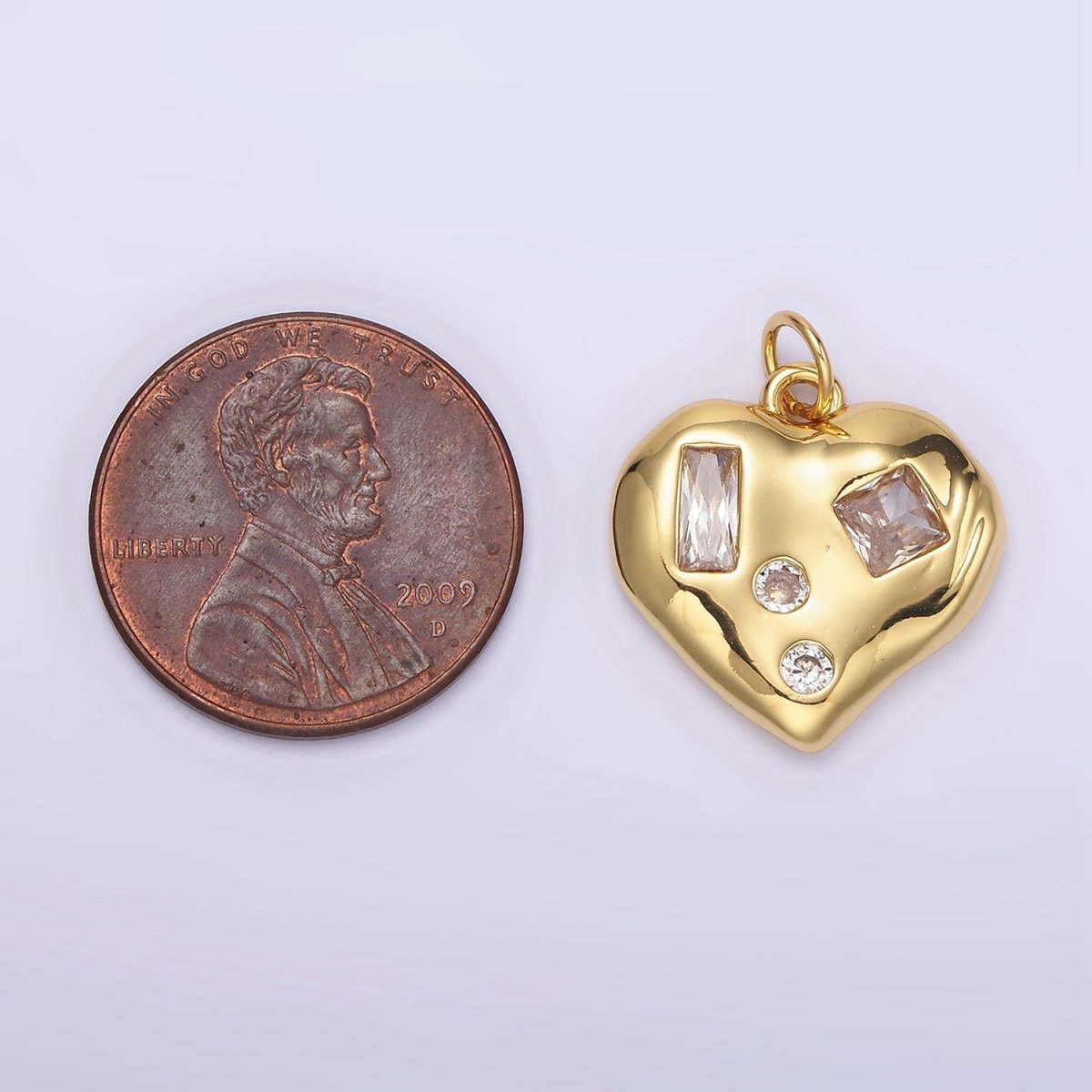 14K Gold Filled Clear CZ Baguette Dotted Molten Heart Charm in Gold & Silver | N1163 N1164 - DLUXCA