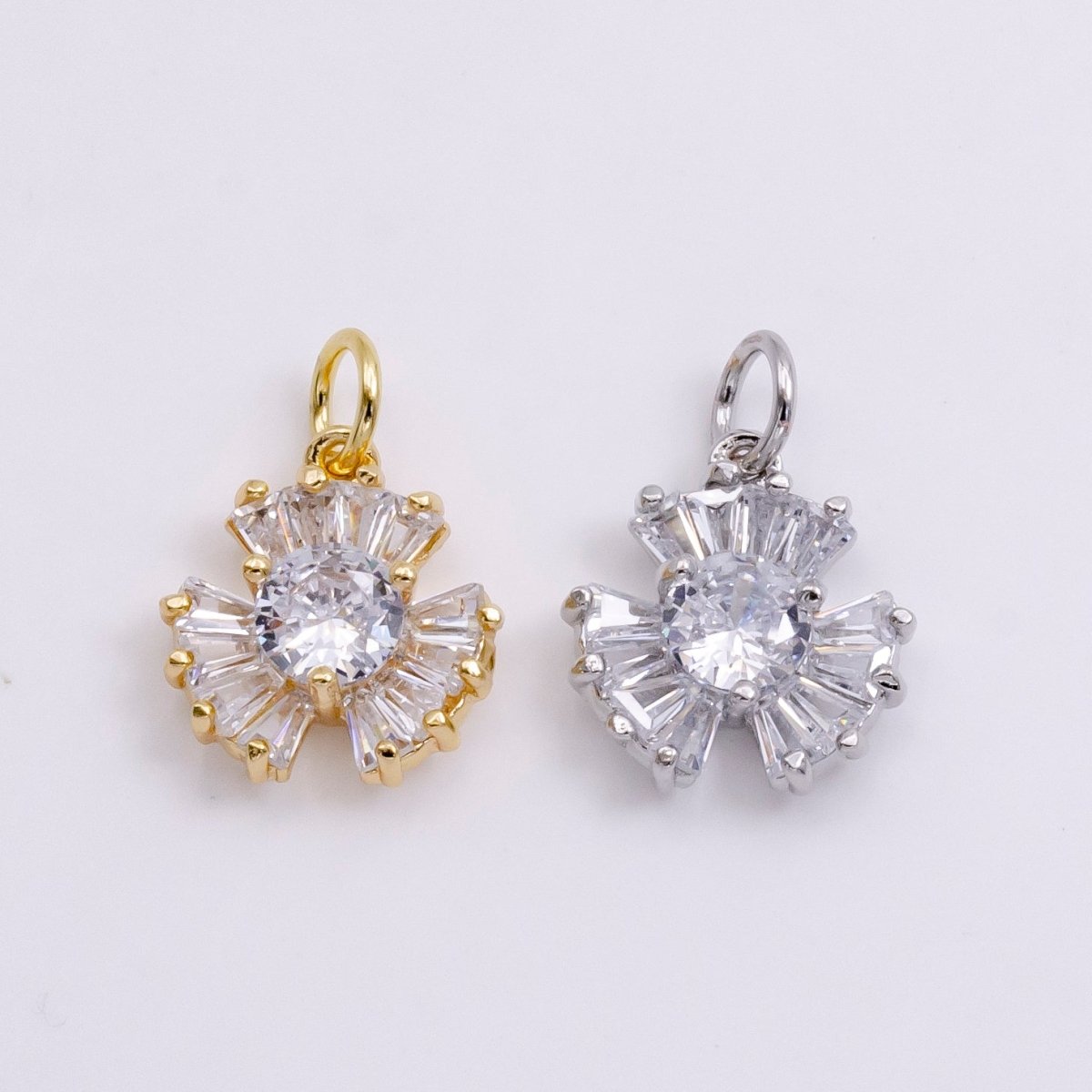 14K Gold Filled Clear CZ Baguette Geometric Flower Nature Charm in Gold & Silver | W475 W476 - DLUXCA