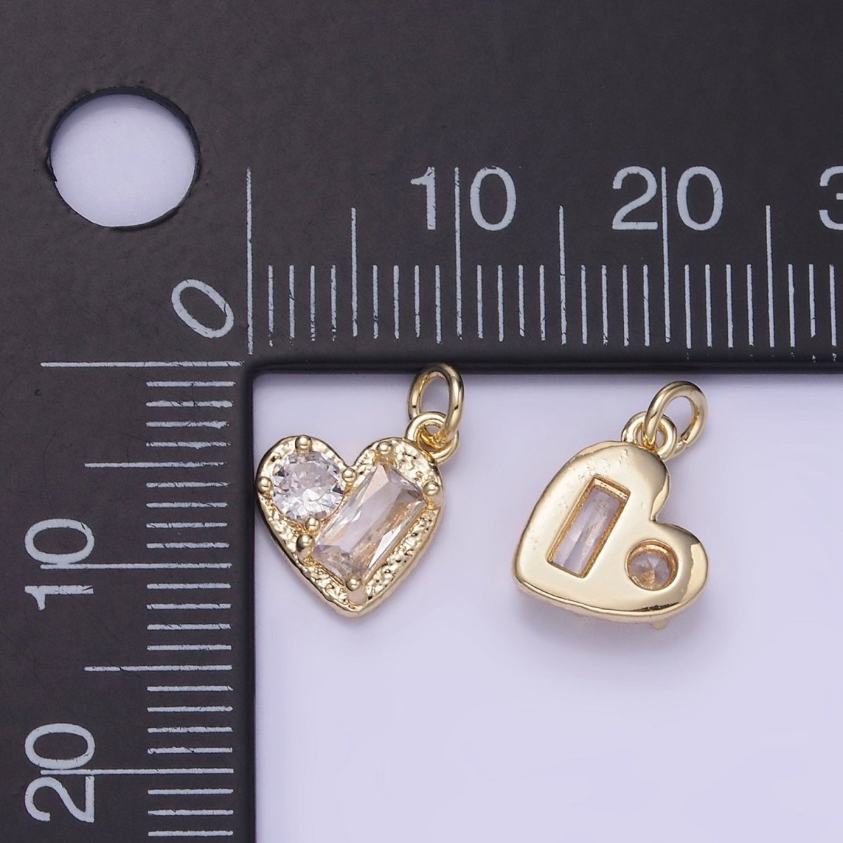 14K Gold Filled Clear CZ Baguette Round Hammered Heart Mini Charm | W547 - DLUXCA
