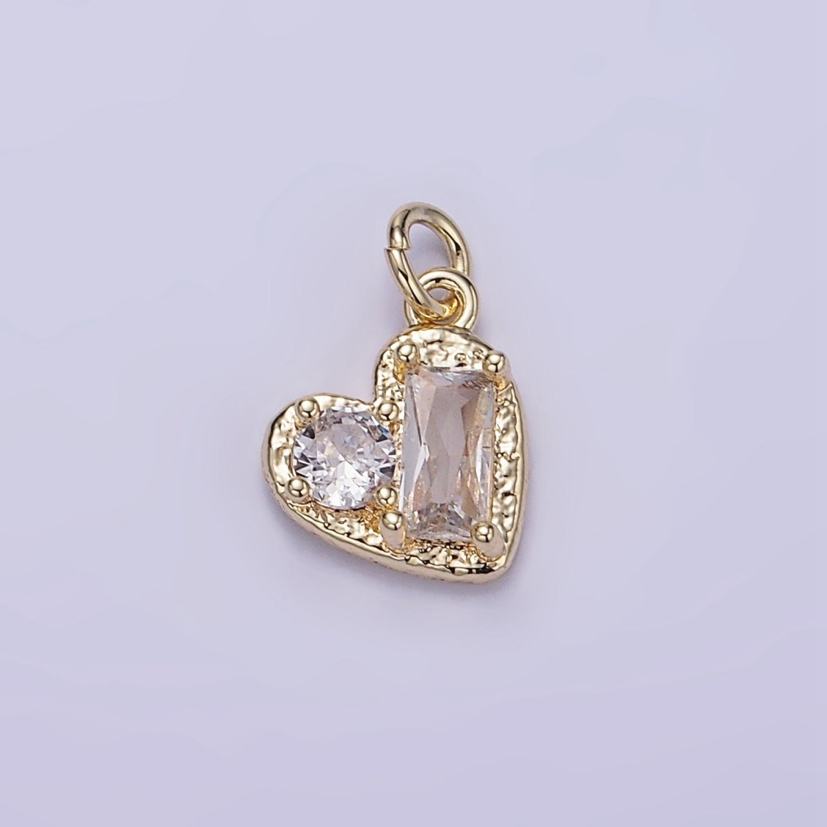 14K Gold Filled Clear CZ Baguette Round Hammered Heart Mini Charm | W547 - DLUXCA