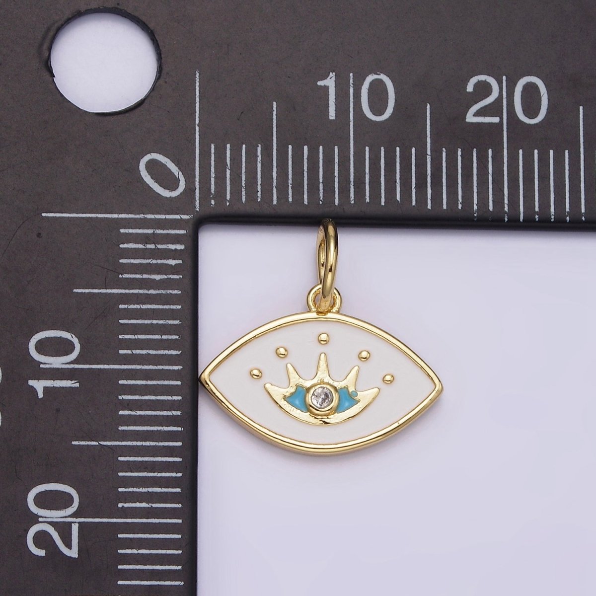 14K Gold Filled Clear CZ Blue Splatter White Enamel Evil Eye Charm | N986 - DLUXCA