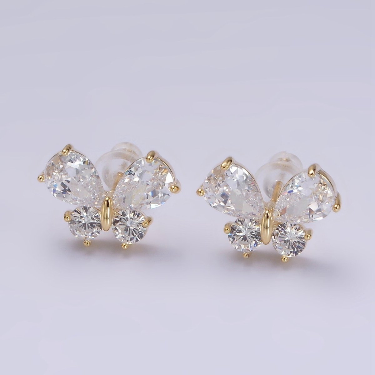 14K Gold Filled Clear CZ Butterfly Mariposa Stud Earrings in Gold & Silver | V278 V279 - DLUXCA