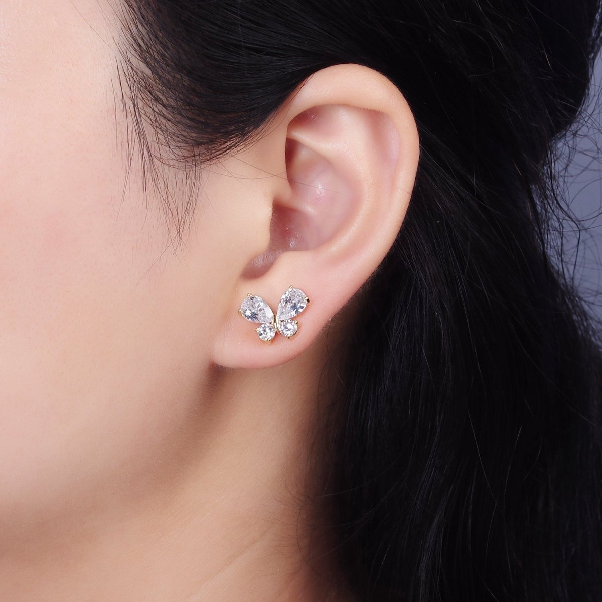 14K Gold Filled Clear CZ Butterfly Mariposa Stud Earrings in Gold & Silver | V278 V279 - DLUXCA