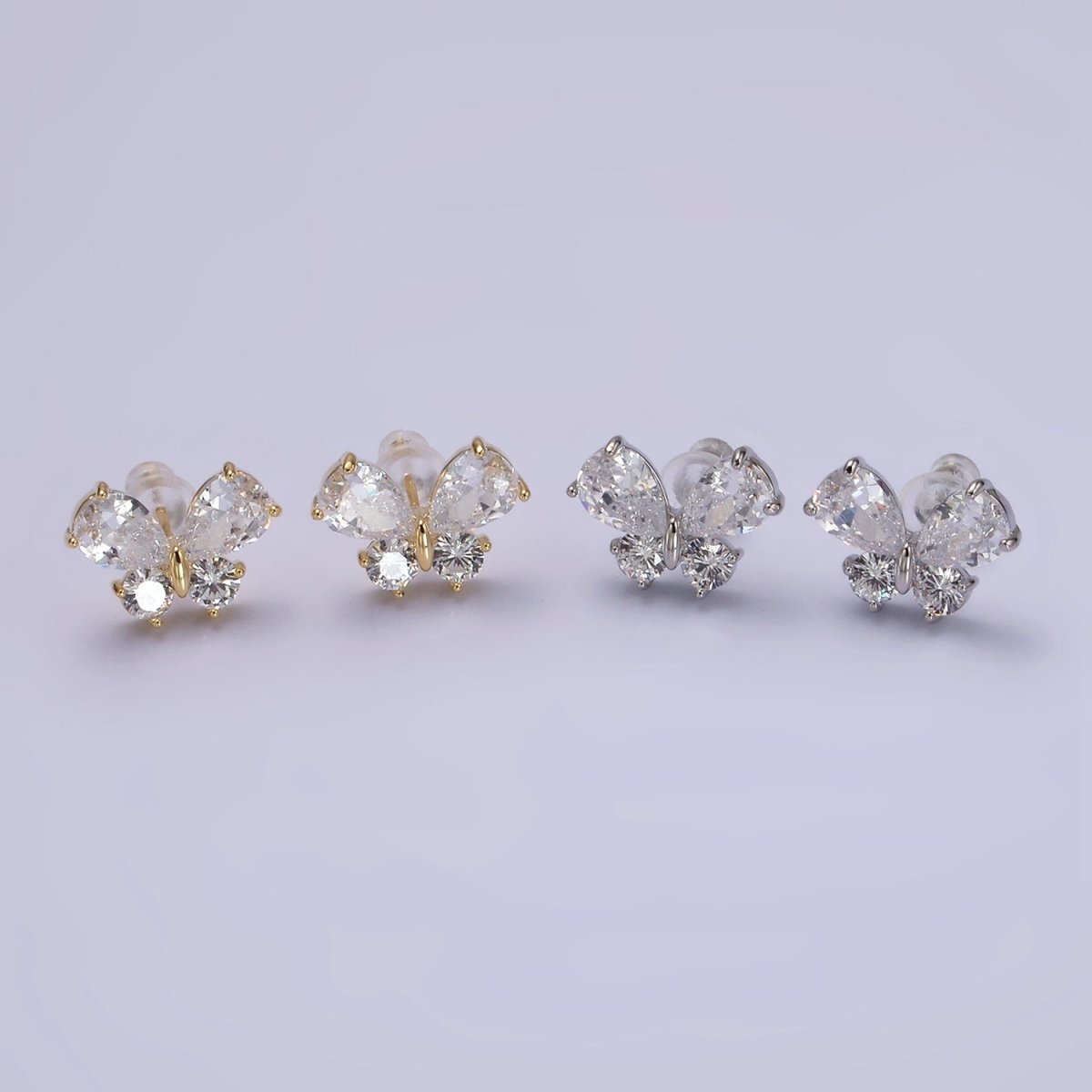 14K Gold Filled Clear CZ Butterfly Mariposa Stud Earrings in Gold & Silver | V278 V279 - DLUXCA