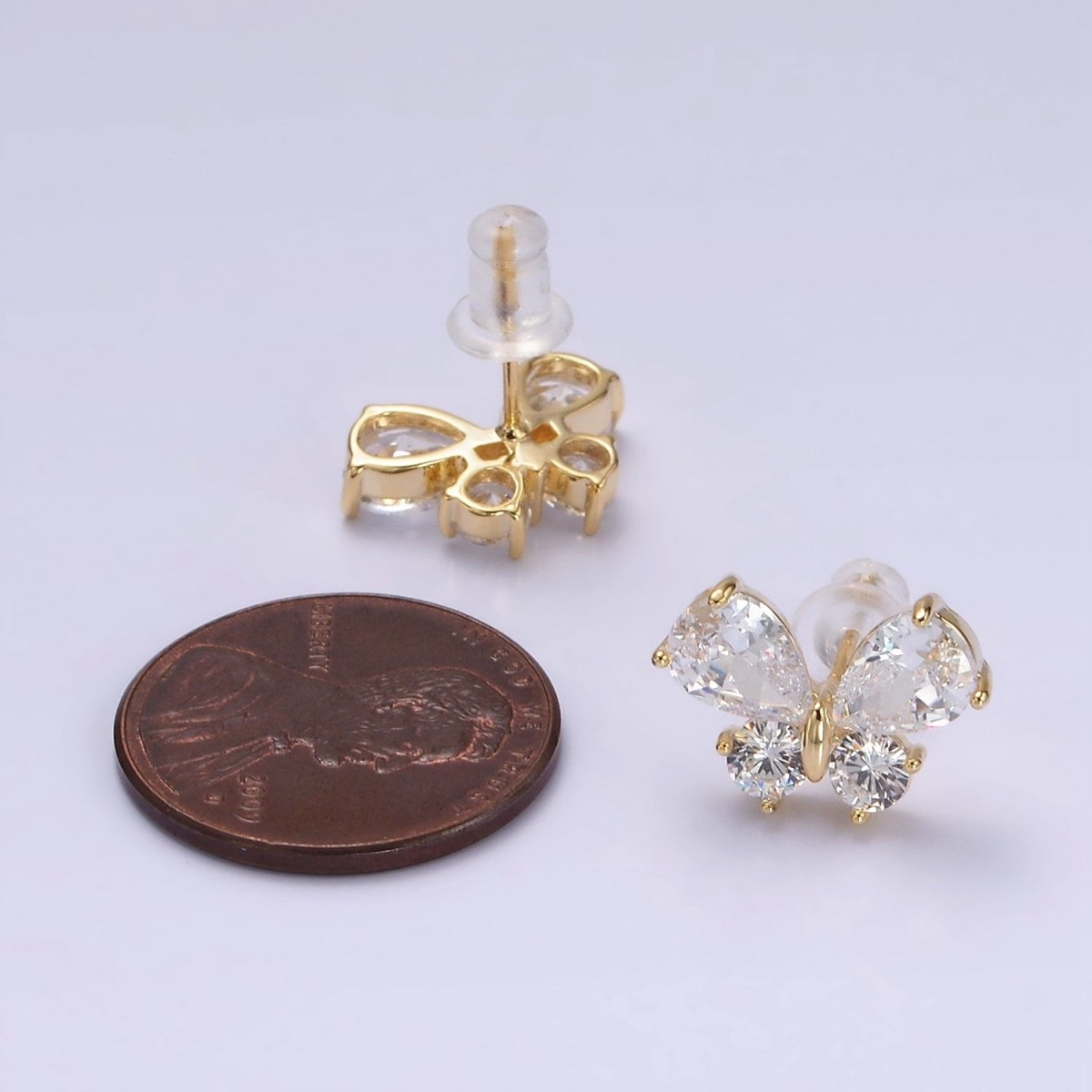 14K Gold Filled Clear CZ Butterfly Mariposa Stud Earrings in Gold & Silver | V278 V279 - DLUXCA