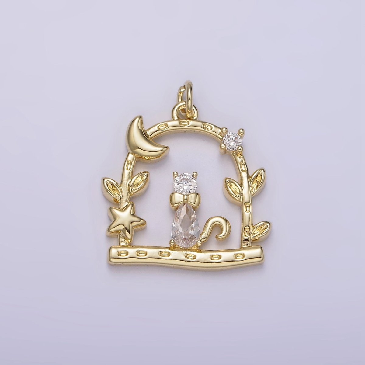 14K Gold Filled Clear CZ Cat Animal Pet Celestial Crescent Moon Star Night Leaf Dented Open Gate Garden Charm | AG248 - DLUXCA