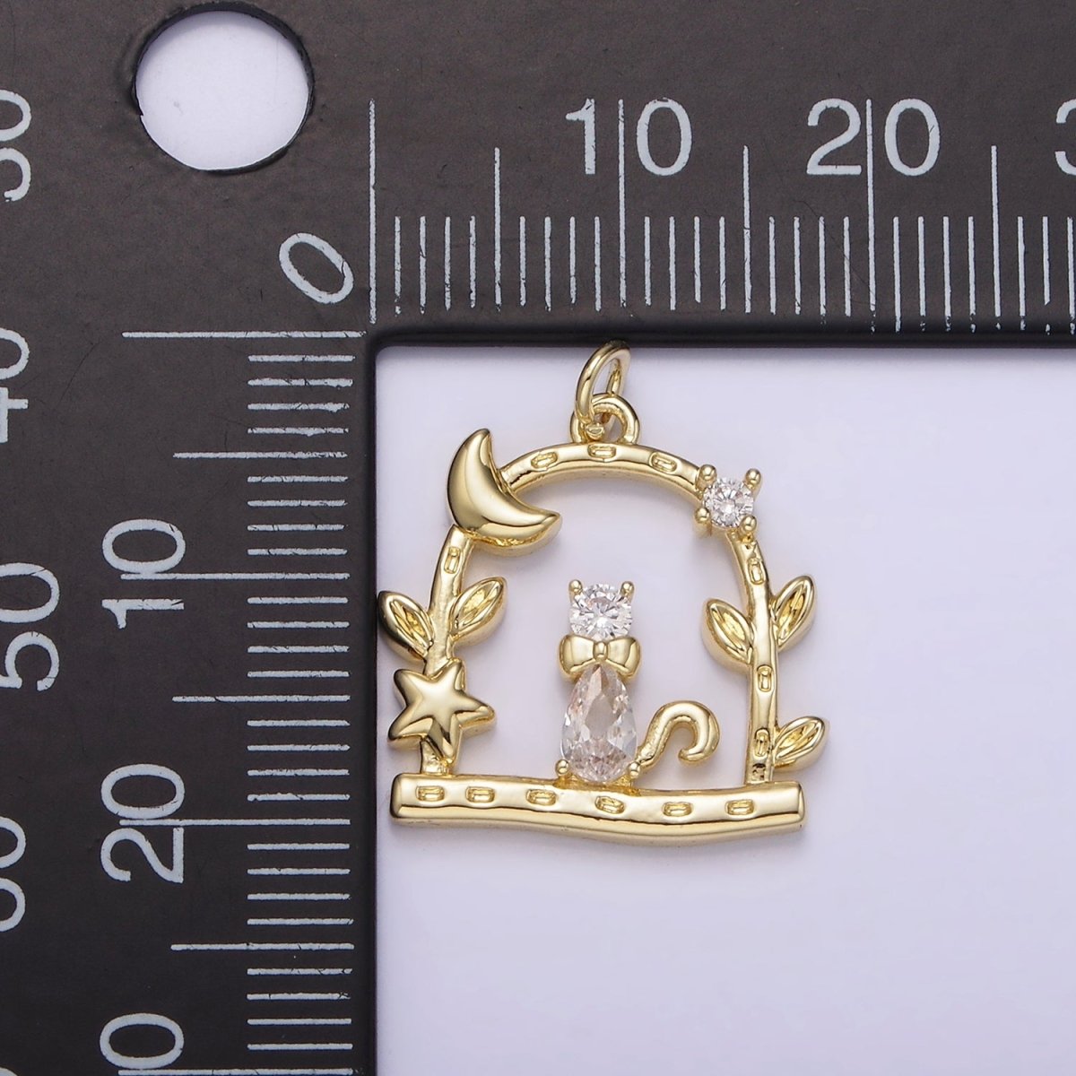 14K Gold Filled Clear CZ Cat Animal Pet Celestial Crescent Moon Star Night Leaf Dented Open Gate Garden Charm | AG248 - DLUXCA