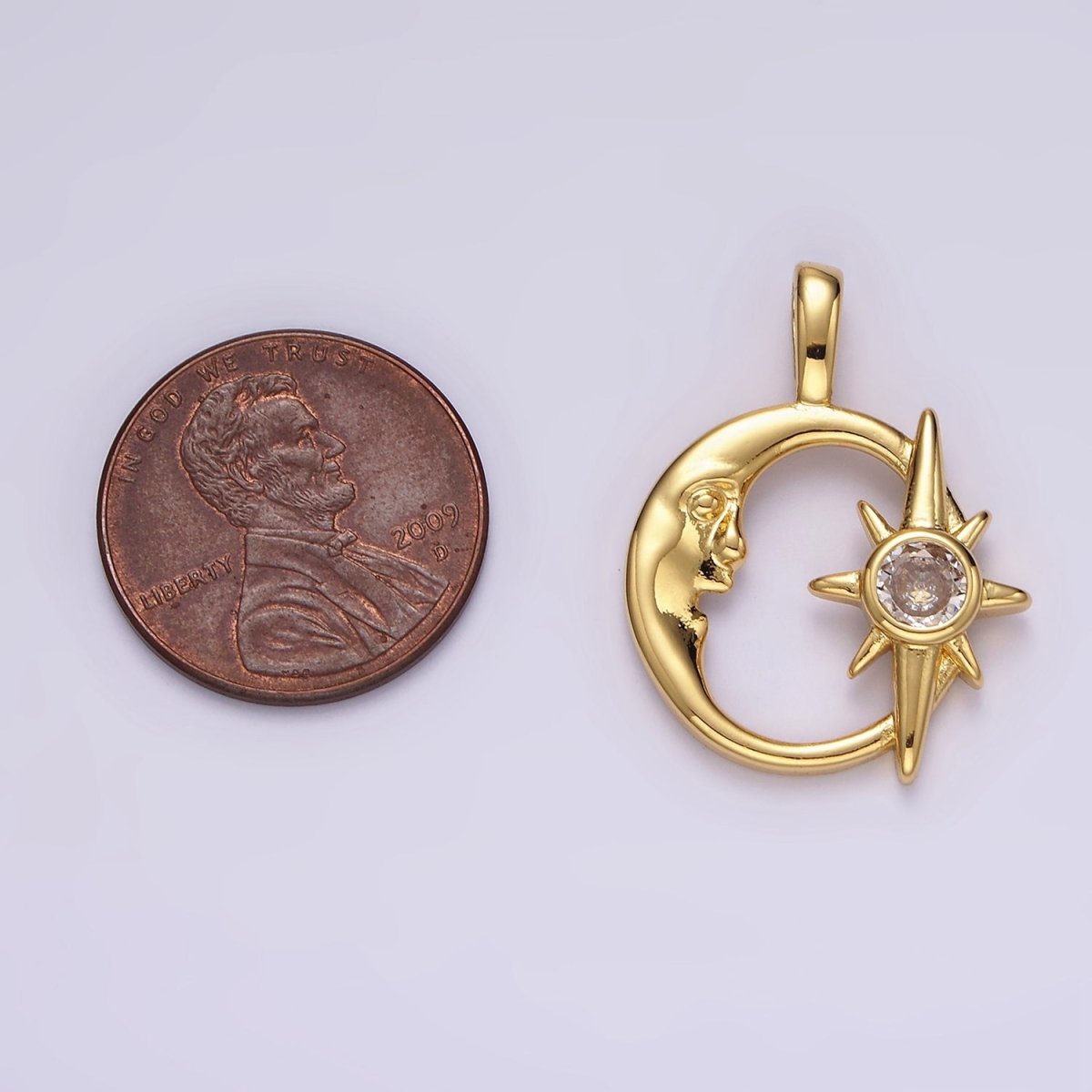 14K Gold Filled Clear CZ Celestial Star Crescent Moon Open Pendant | AA685 - DLUXCA