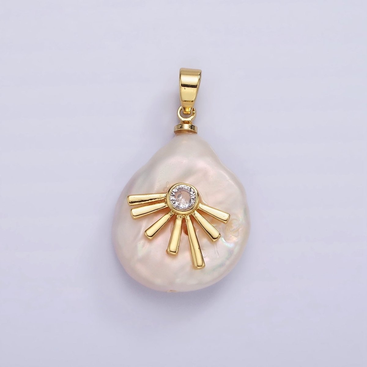 14K Gold Filled Clear CZ Celestial Sun Ray Keshi Freshwater Pearl Pendant | P1666 - DLUXCA