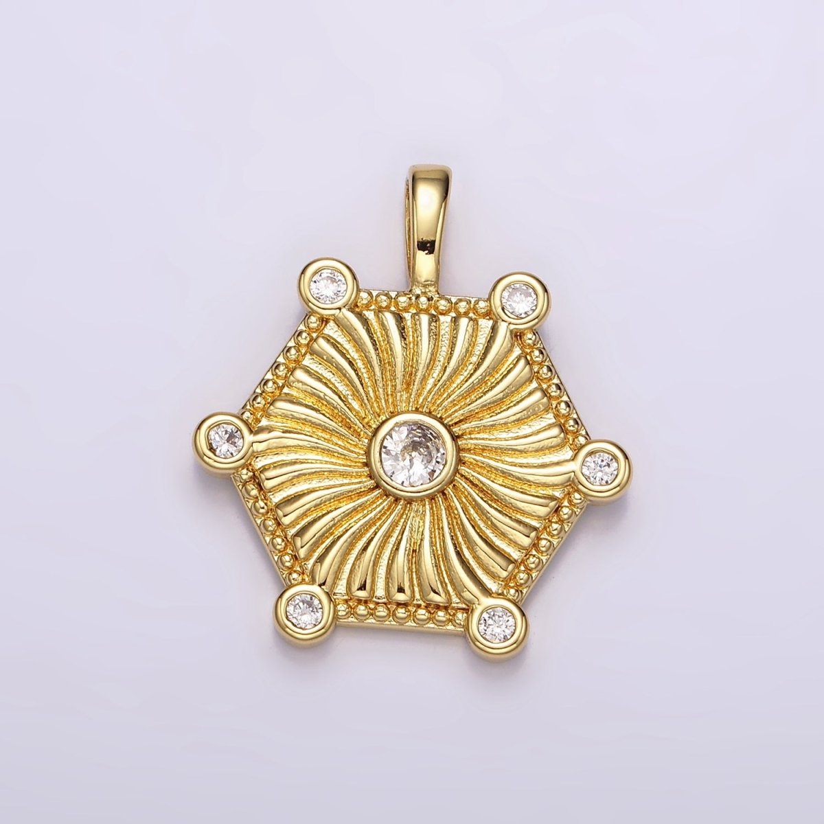 14K Gold Filled Clear CZ Curved Sunburst Dotted Hexagonal Pendant | AH087 - DLUXCA