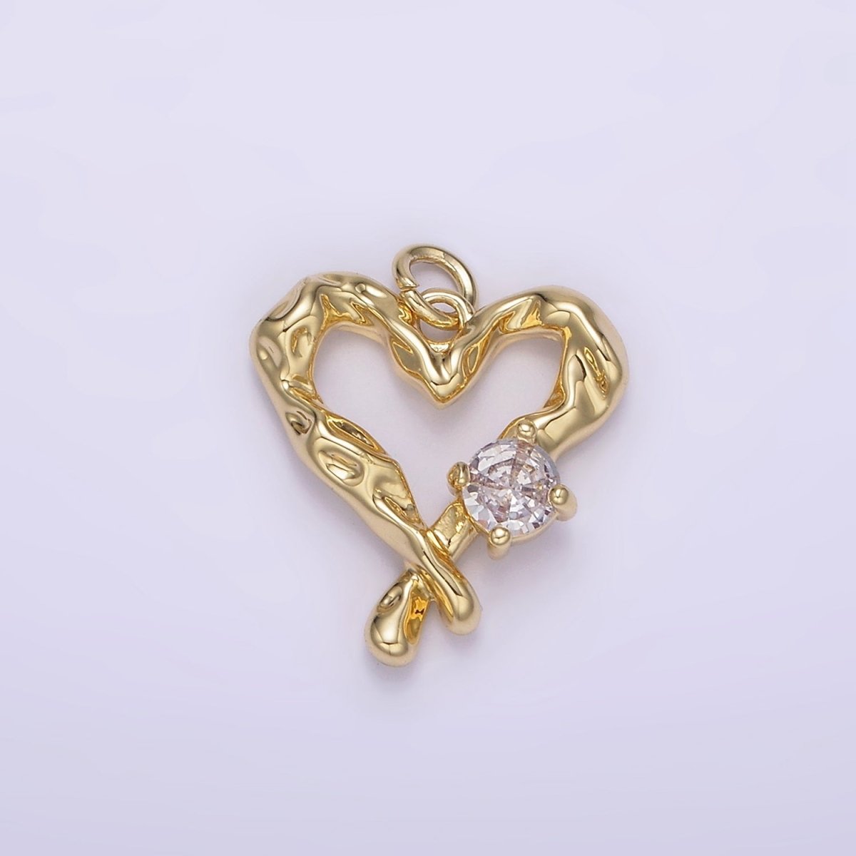 14K Gold Filled Clear CZ Dented Molten Open Heart Charm | AG190 - DLUXCA