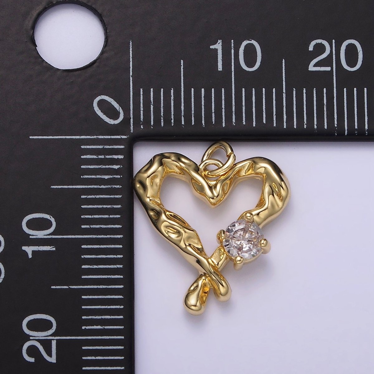 14K Gold Filled Clear CZ Dented Molten Open Heart Charm | AG190 - DLUXCA