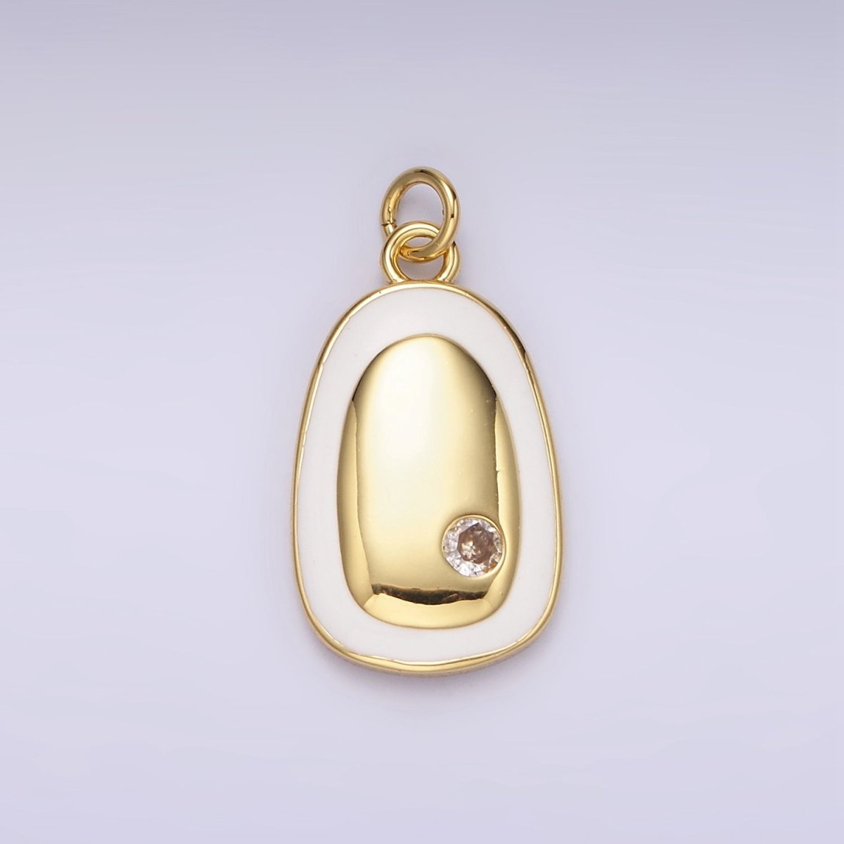 14K Gold Filled Clear CZ Dotted White Enamel Outline Oval Charm in Gold & Silver | N1529 N1530 - DLUXCA