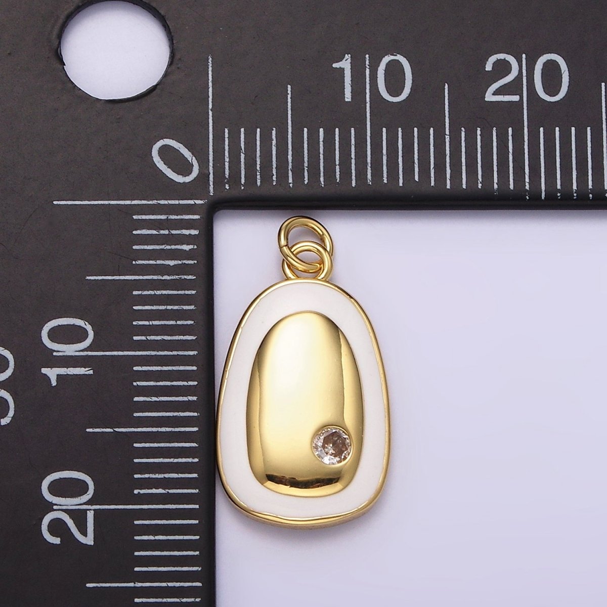 14K Gold Filled Clear CZ Dotted White Enamel Outline Oval Charm in Gold & Silver | N1529 N1530 - DLUXCA