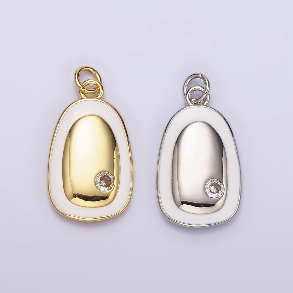 14K Gold Filled Clear CZ Dotted White Enamel Outline Oval Charm in Gold & Silver | N1529 N1530 - DLUXCA