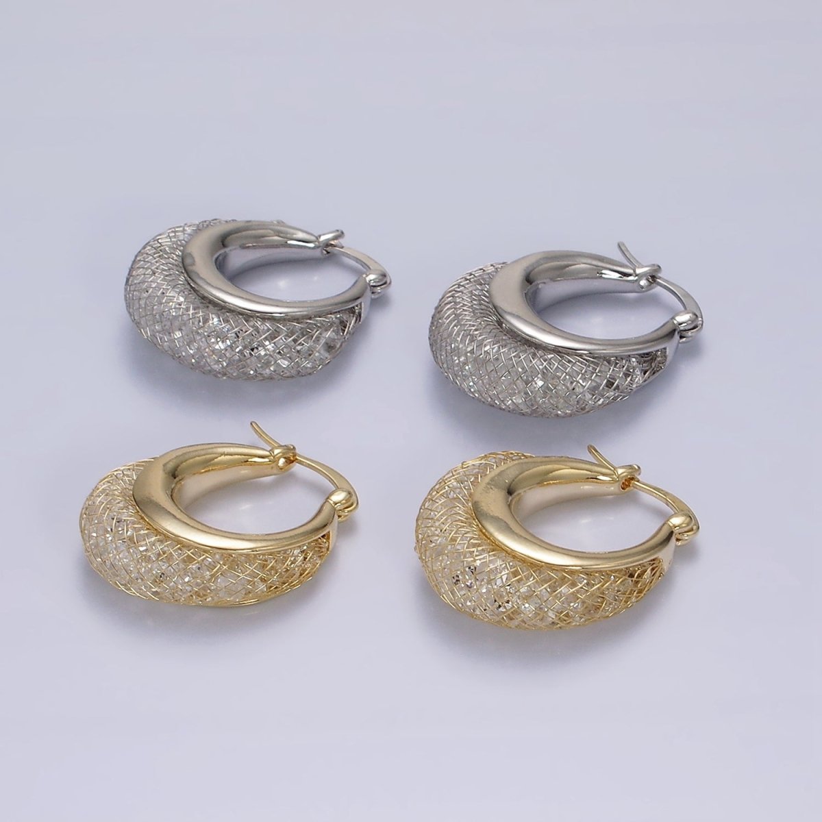 14K Gold Filled Clear CZ Filigree French Lock Latch Hoop Earrings in Gold & Silver | AE309 AE310 - DLUXCA