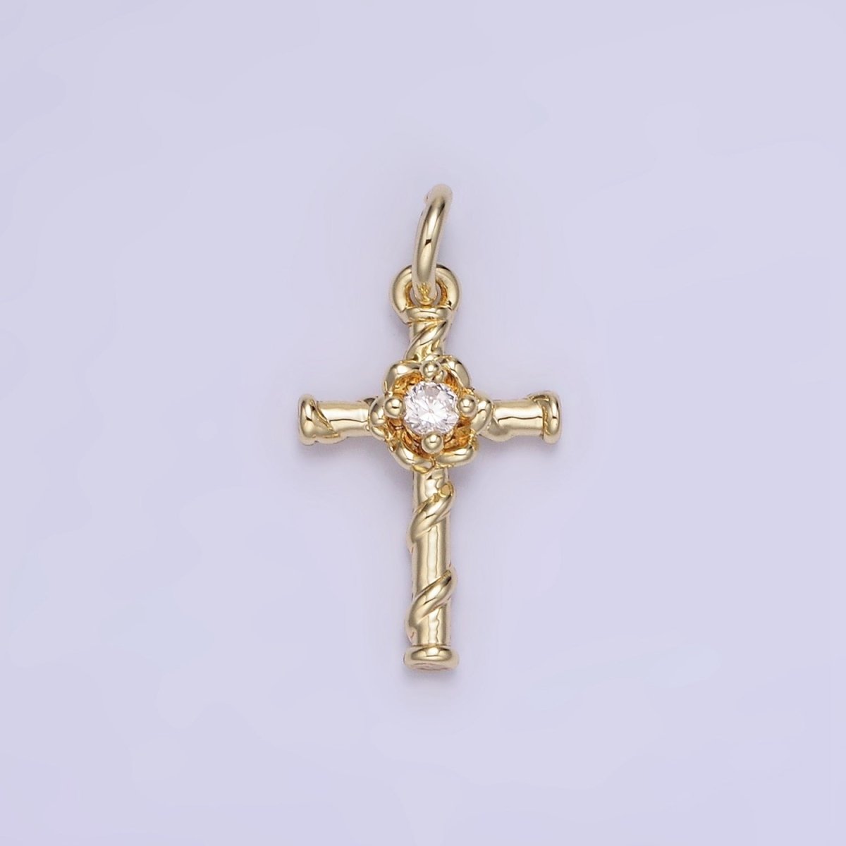 14K Gold Filled Clear CZ Flow Curling Band Religious Cross Charm | AG718 - DLUXCA