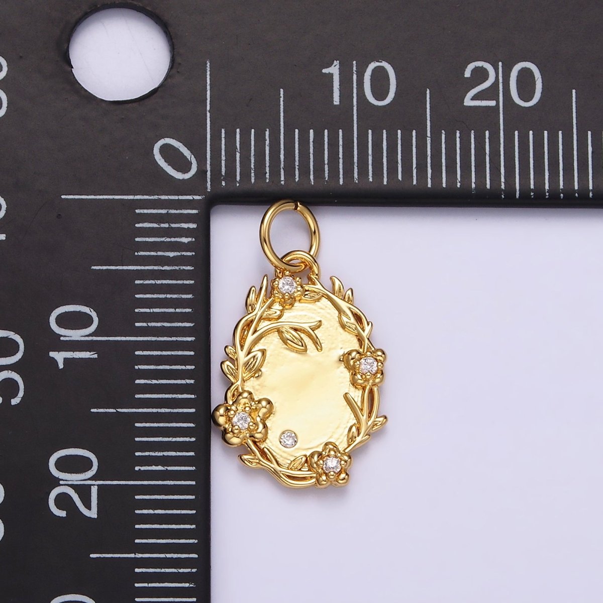 14K Gold Filled Clear CZ Flower Leaf Vine Nature Oval Charm in Gold & Silver | N1504 N1505 - DLUXCA