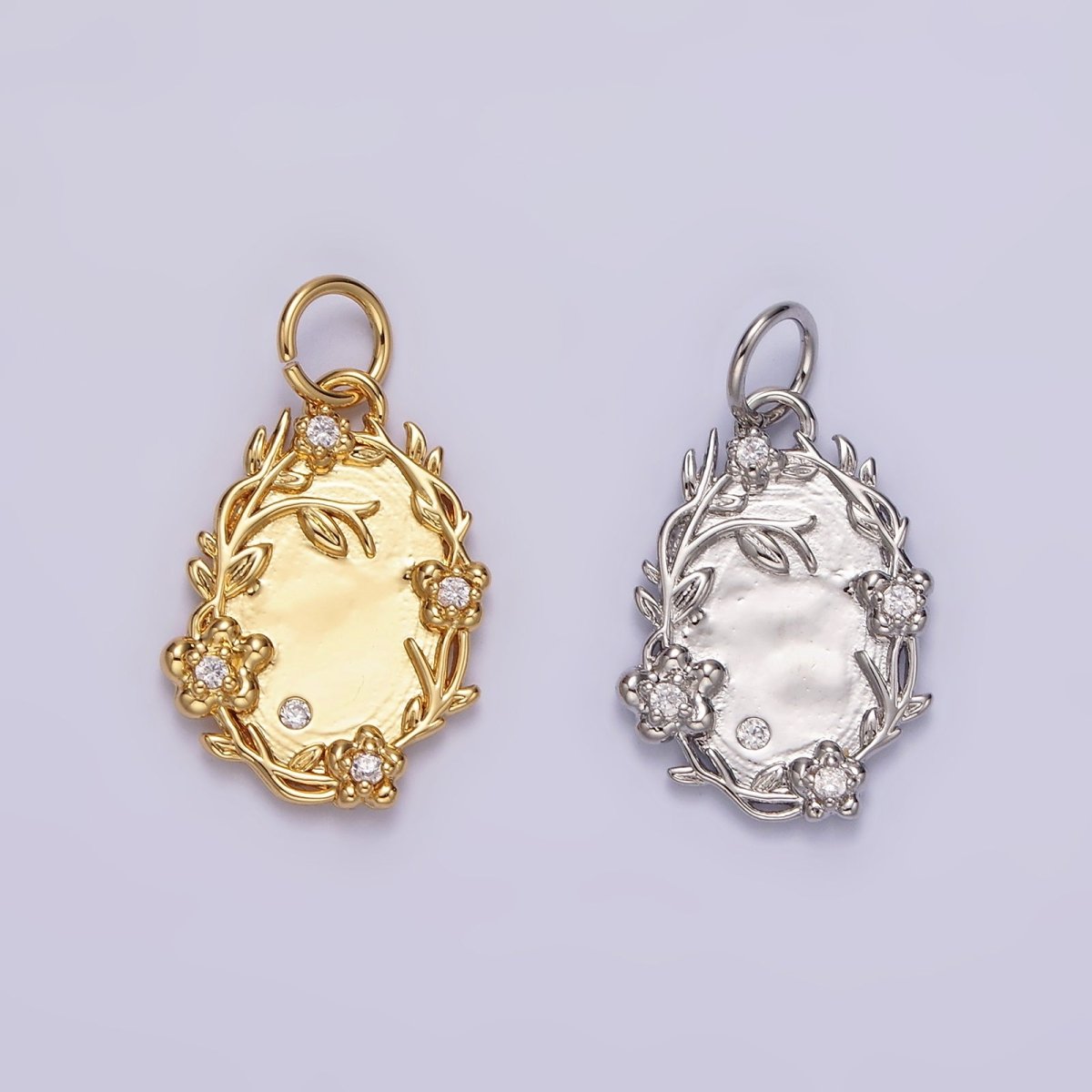 14K Gold Filled Clear CZ Flower Leaf Vine Nature Oval Charm in Gold & Silver | N1504 N1505 - DLUXCA