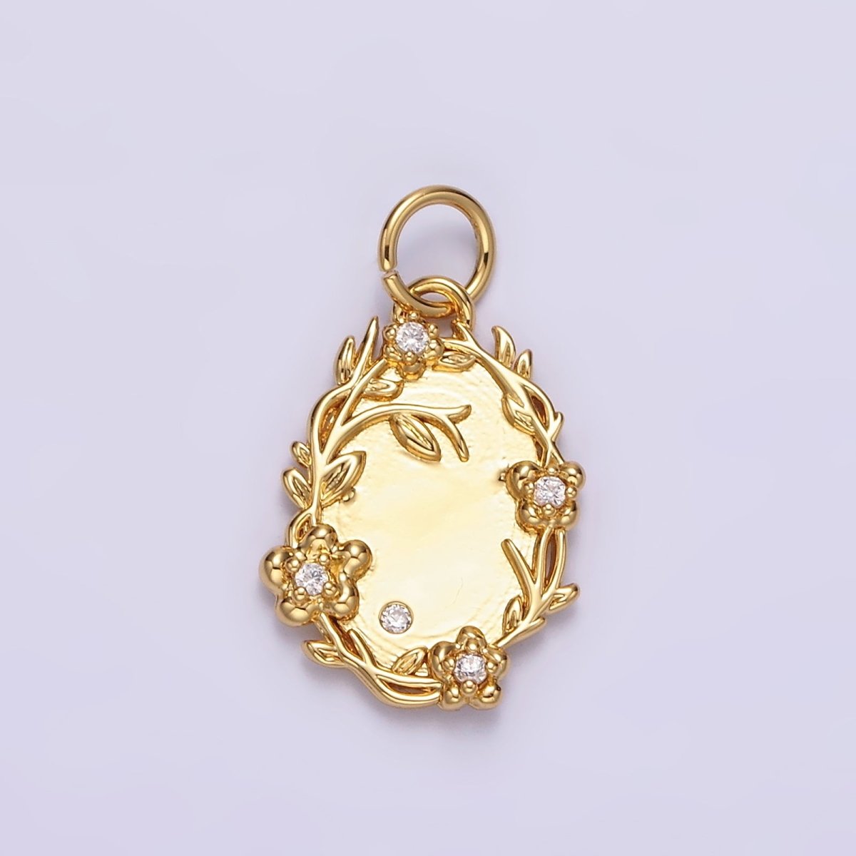 14K Gold Filled Clear CZ Flower Leaf Vine Nature Oval Charm in Gold & Silver | N1504 N1505 - DLUXCA