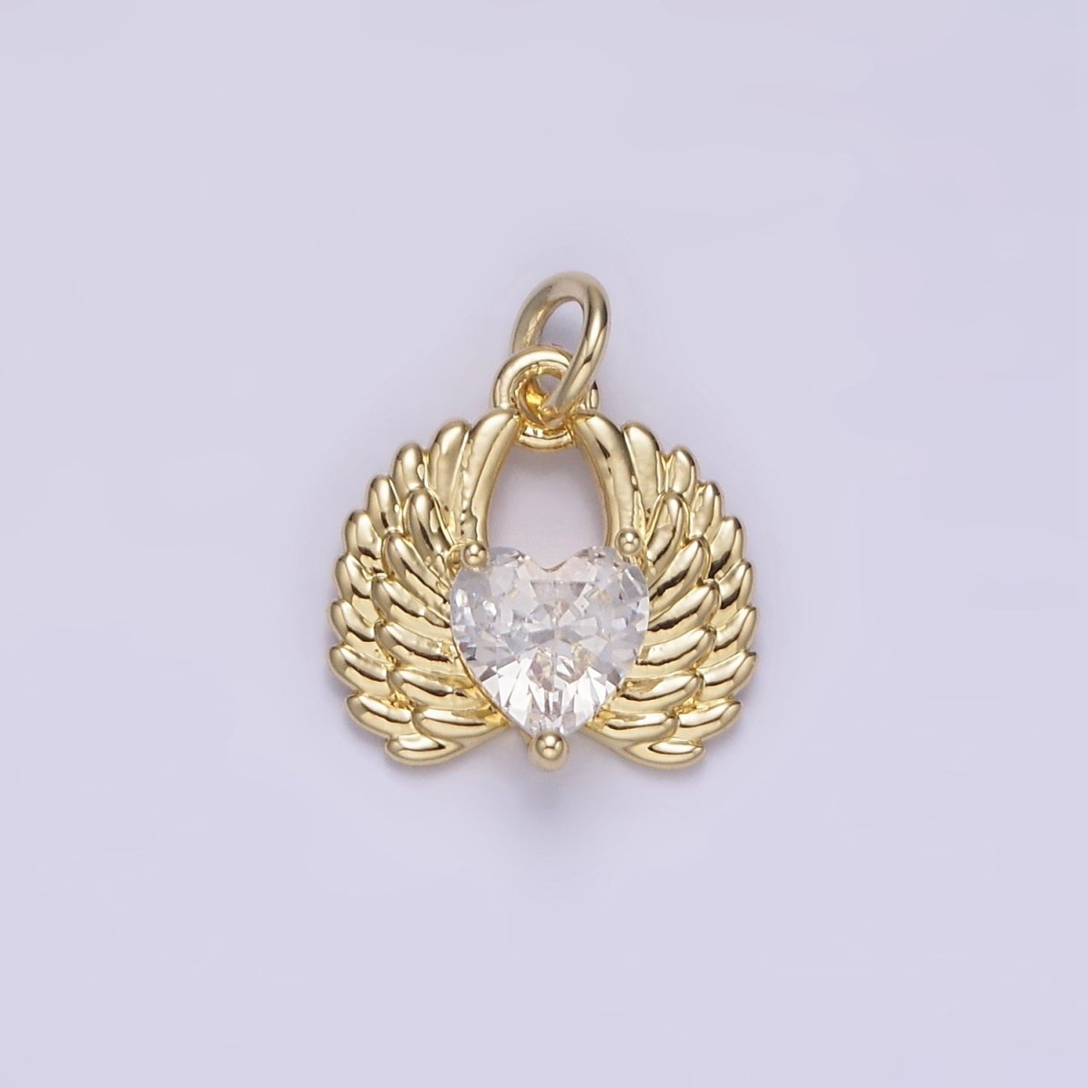 14K Gold Filled Clear CZ Heart Angel Wings Charm | AG228 - DLUXCA