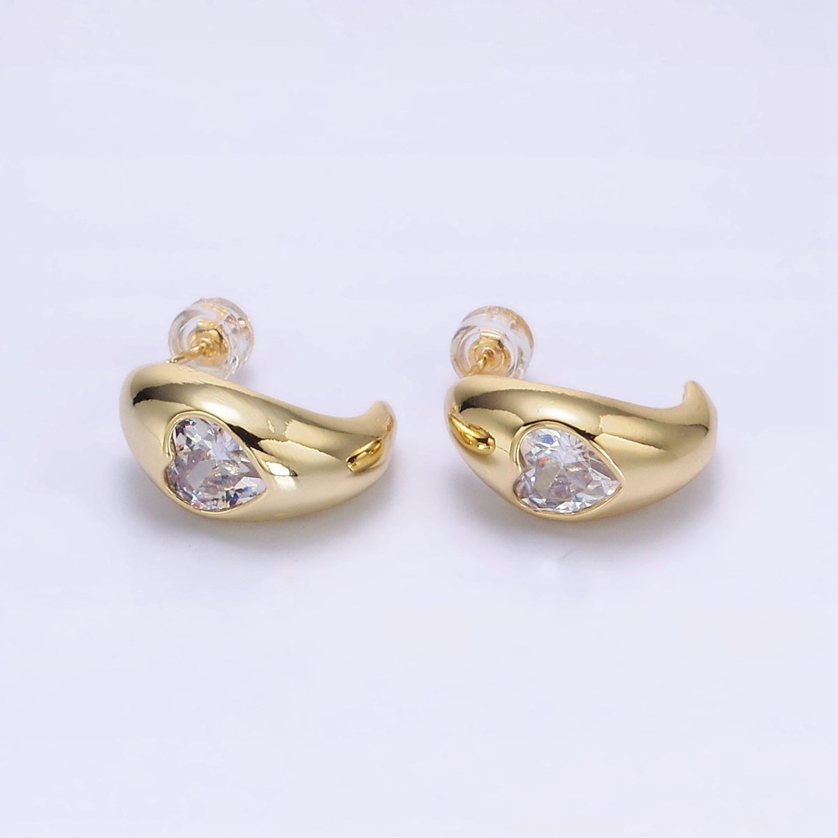 14K Gold Filled Clear CZ Heart Chubby C-Shaped Hoop Earrings in Gold & Silver | AE854 AE855 - DLUXCA